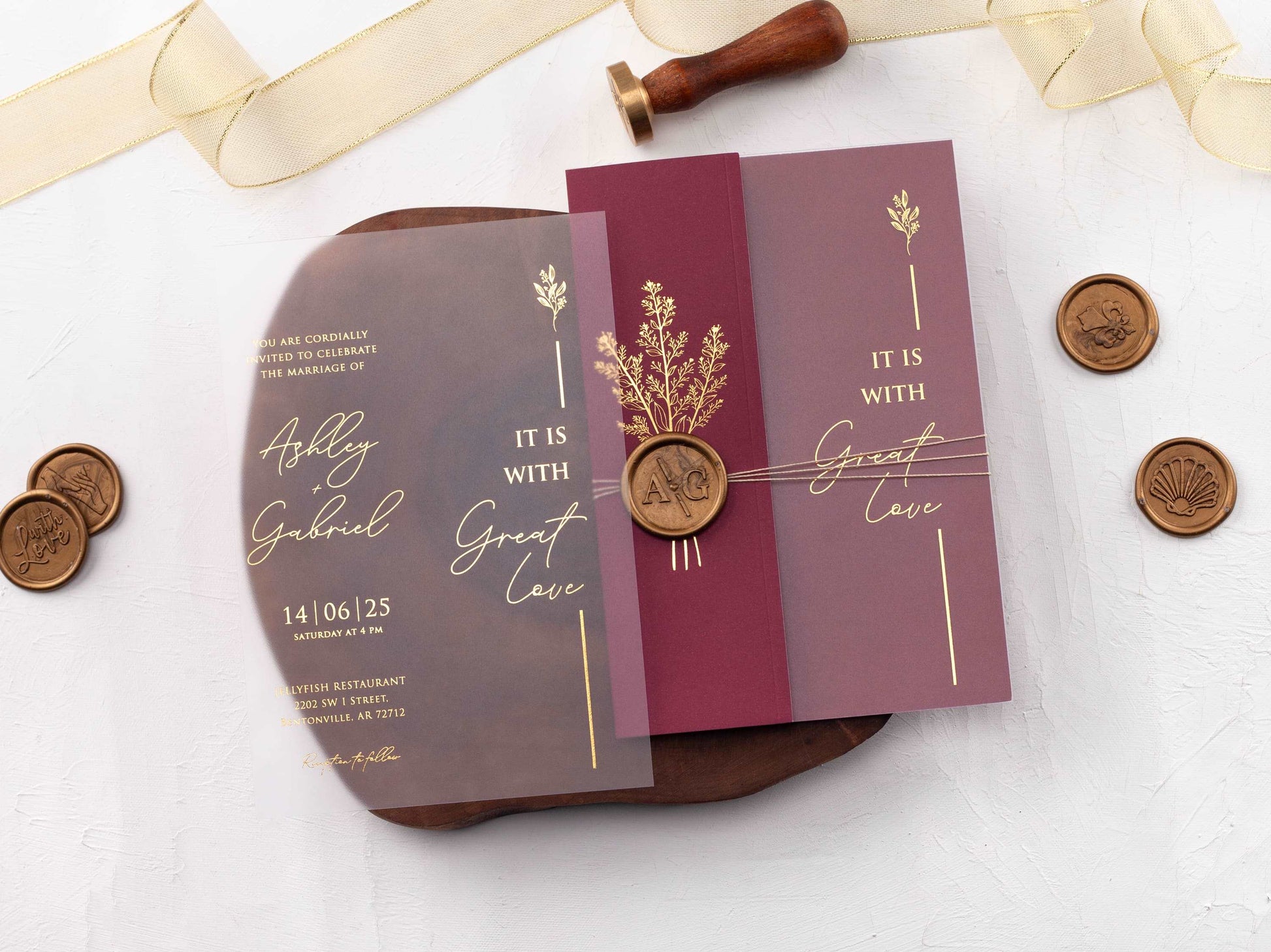 Acrylic Invitation with Burgundy Folded Jacket and Gold Foil - LA Invitations Co