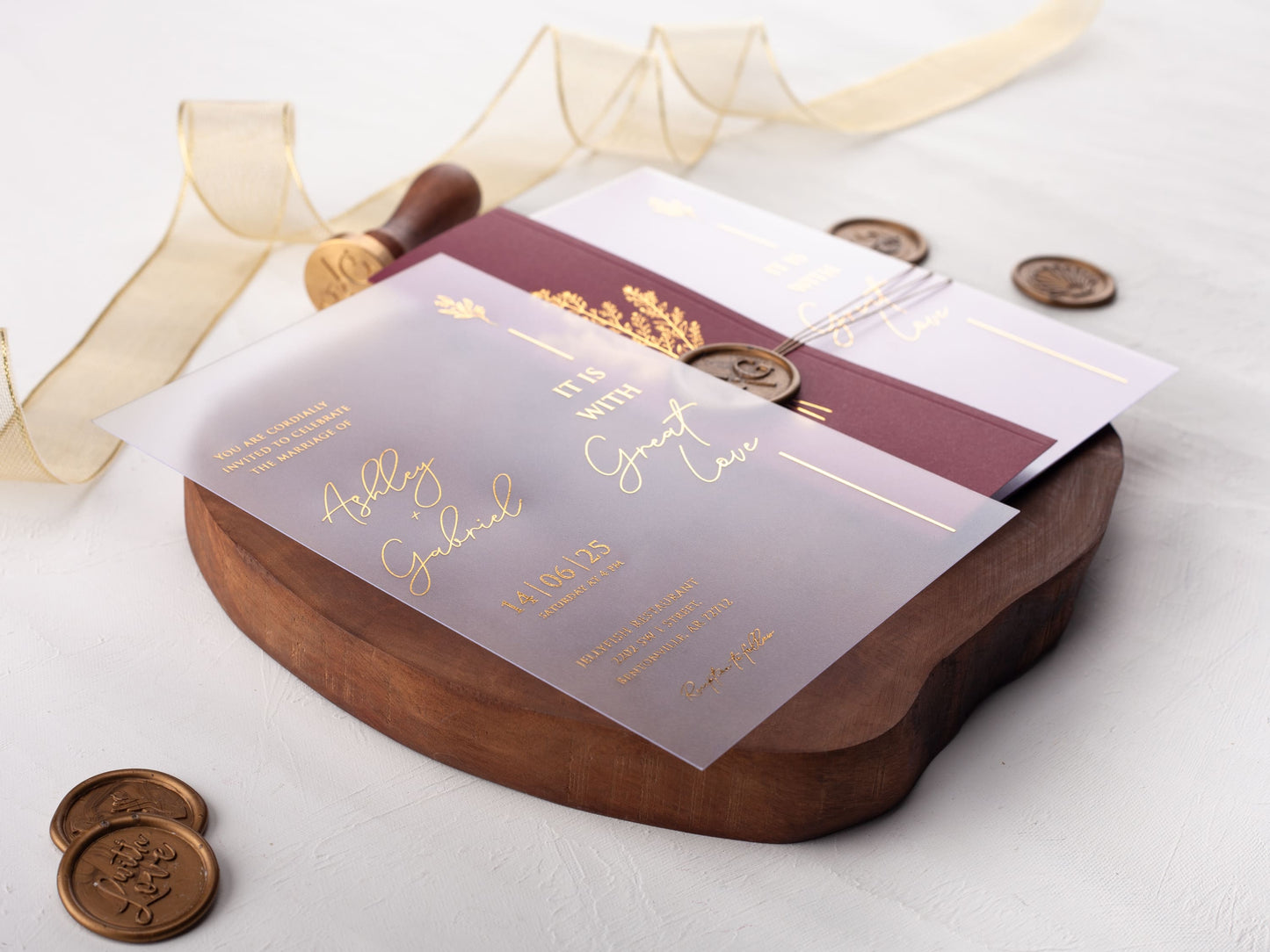 Acrylic Invitation with Burgundy Folded Jacket and Gold Foil - LA Invitations Co