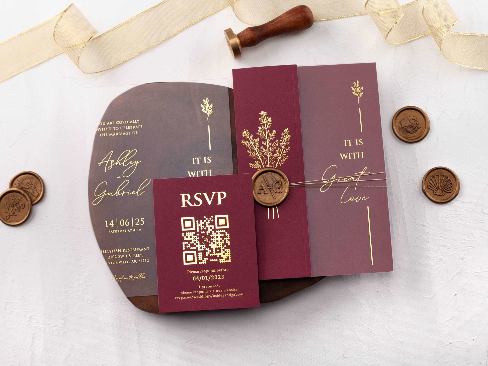 Acrylic Invitation with Burgundy Folded Jacket and Gold Foil - LA Invitations Co