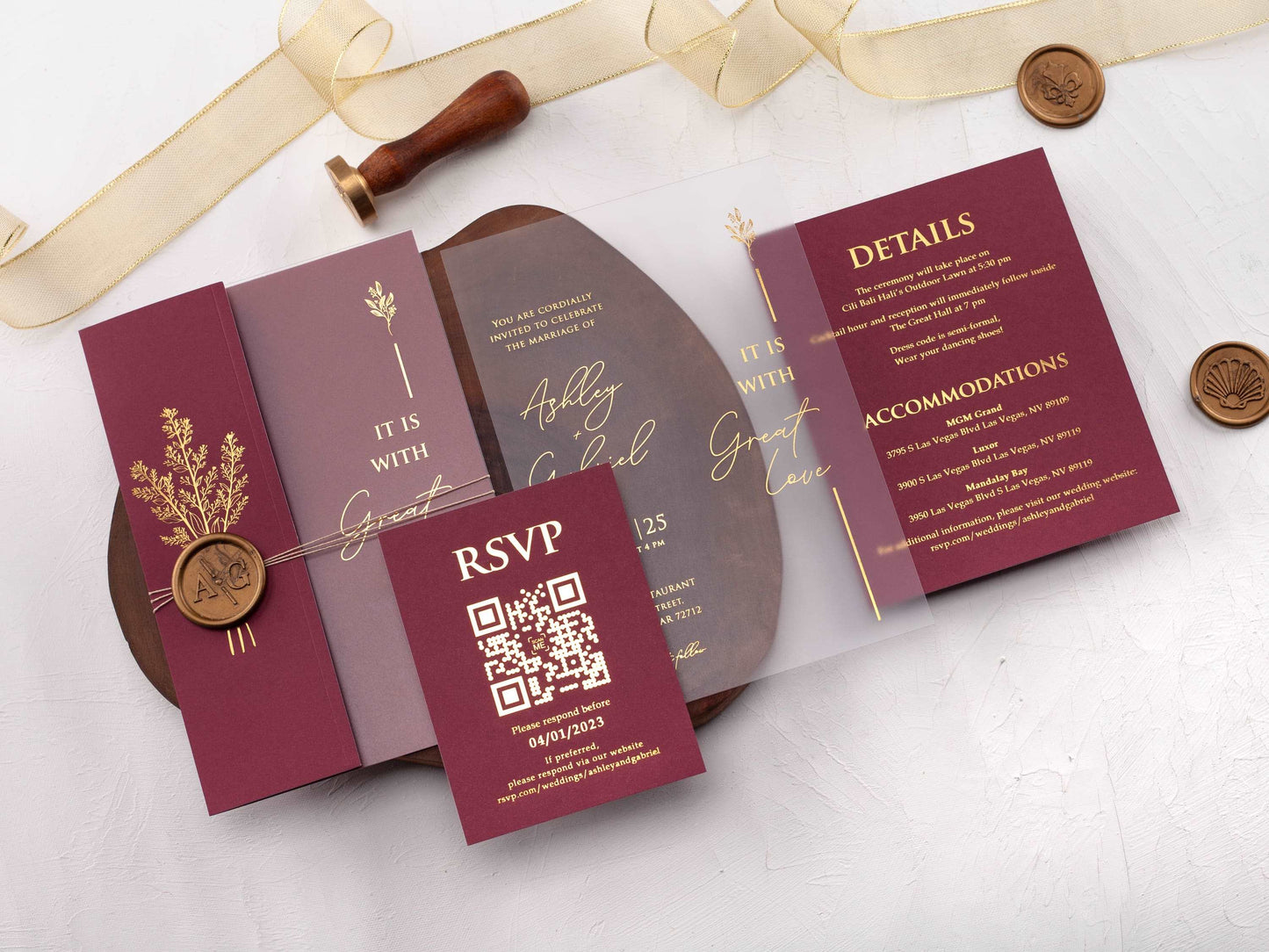 Acrylic Invitation with Burgundy Folded Jacket and Gold Foil - LA Invitations Co