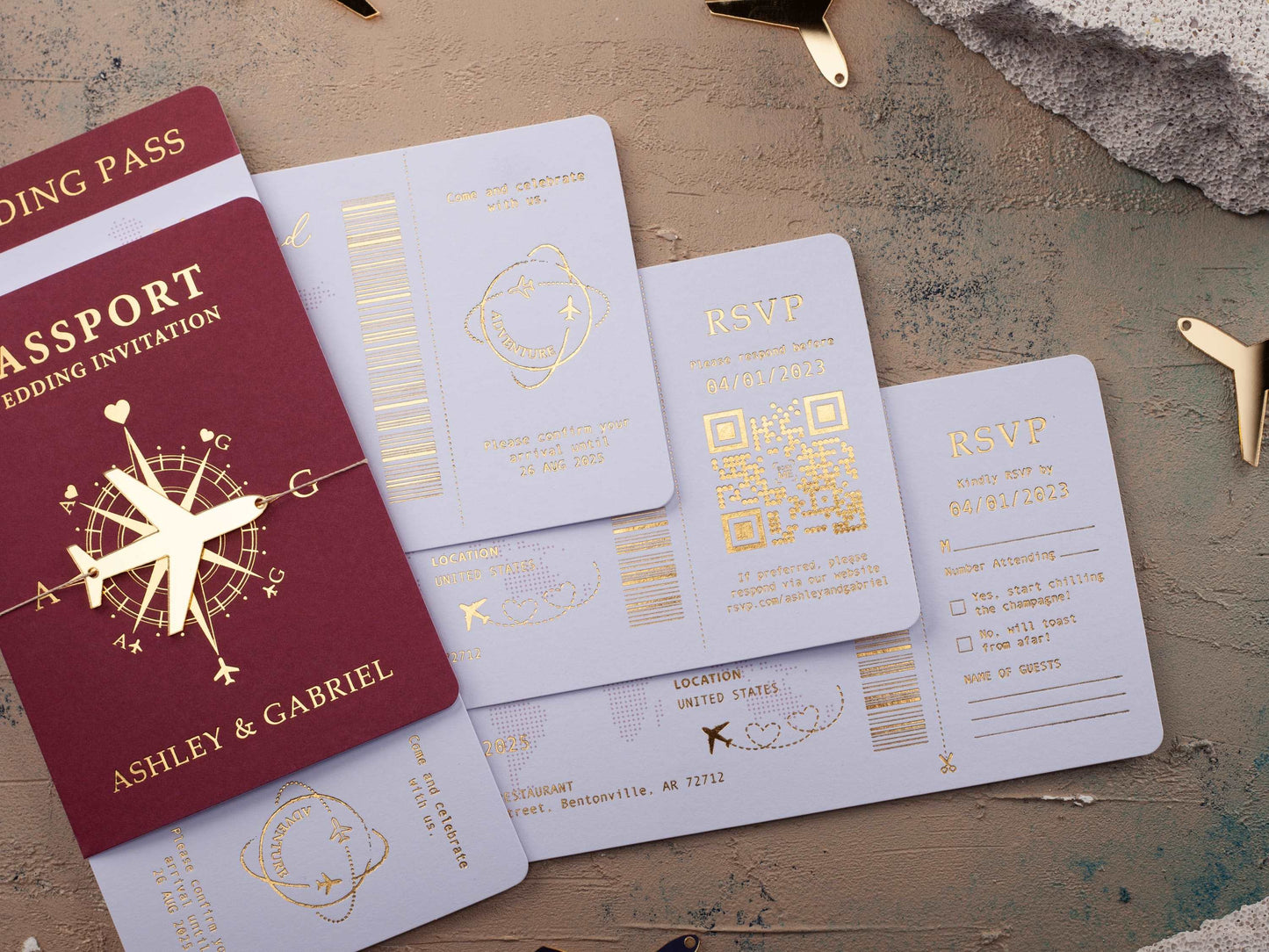 Custom Burgundy and Gold Foil Boarding Pass Wedding Invitation