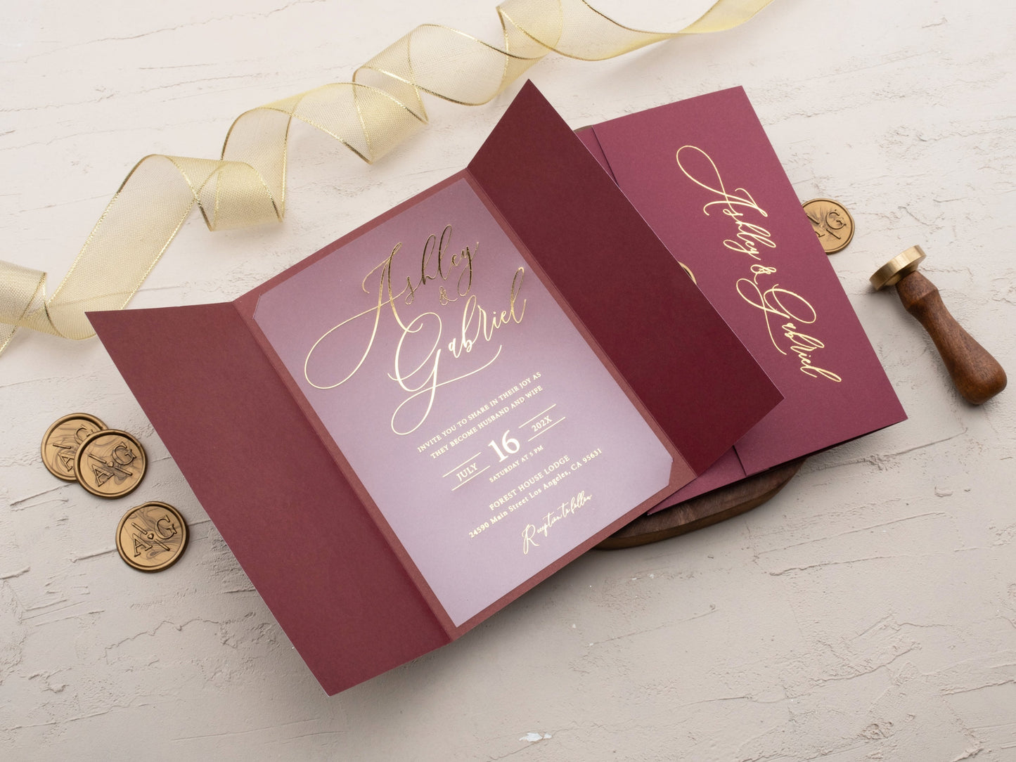 Modern Burgundy Gatefold Wedding Invitation with Gold Foil Details - LA Invitations Co