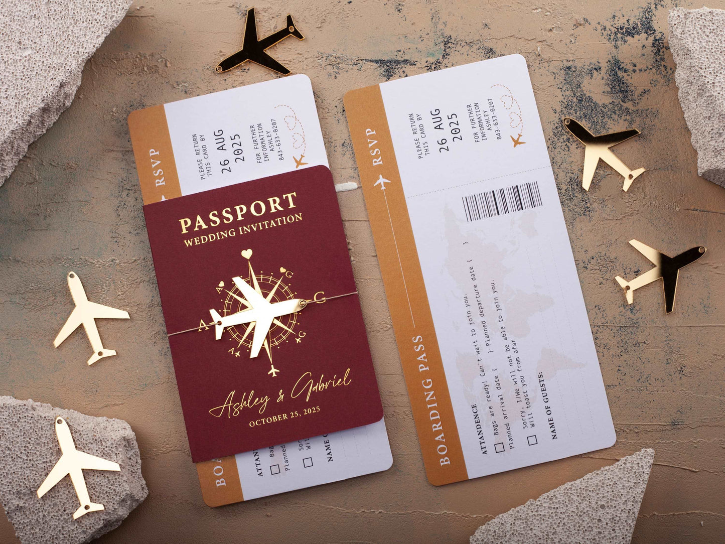 Luxury Passport Invitation in Burgundy with Gold Foil Accents