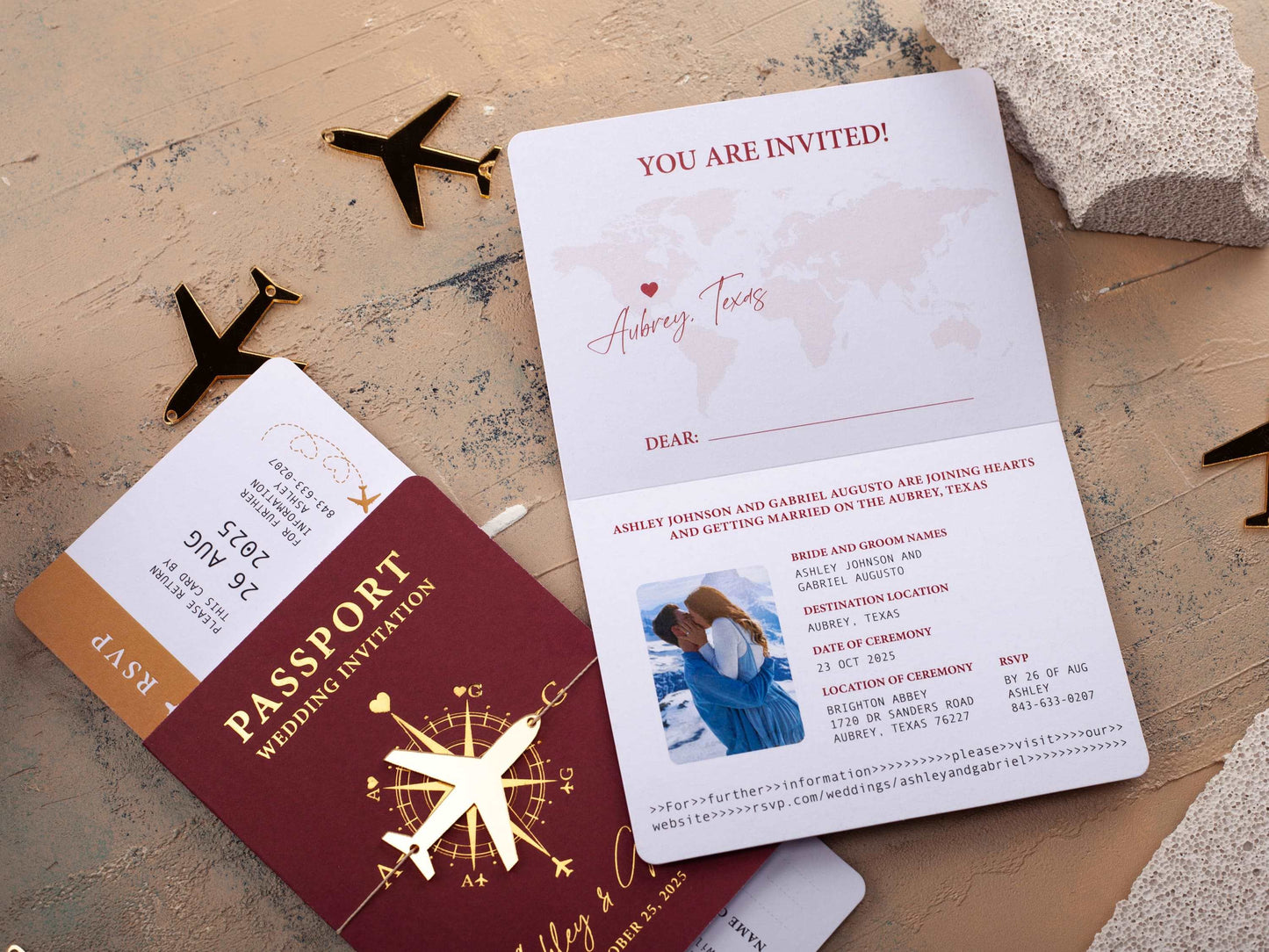 Luxury Passport Invitation in Burgundy with Gold Foil Accents