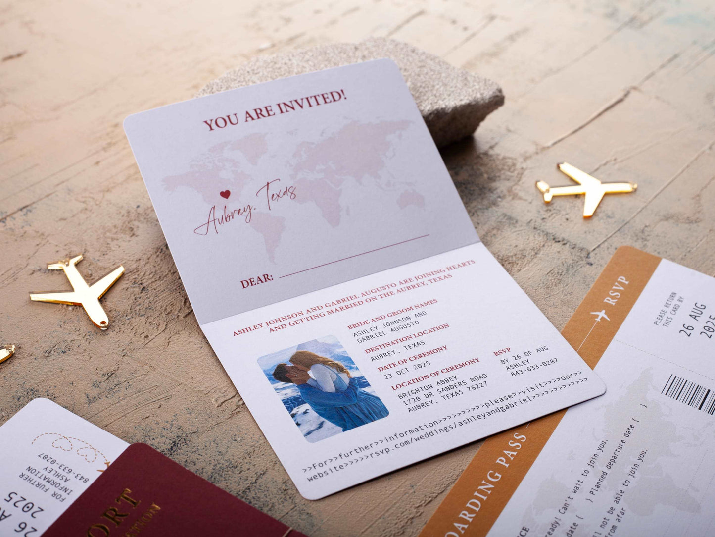 Luxury Passport Invitation in Burgundy with Gold Foil Accents
