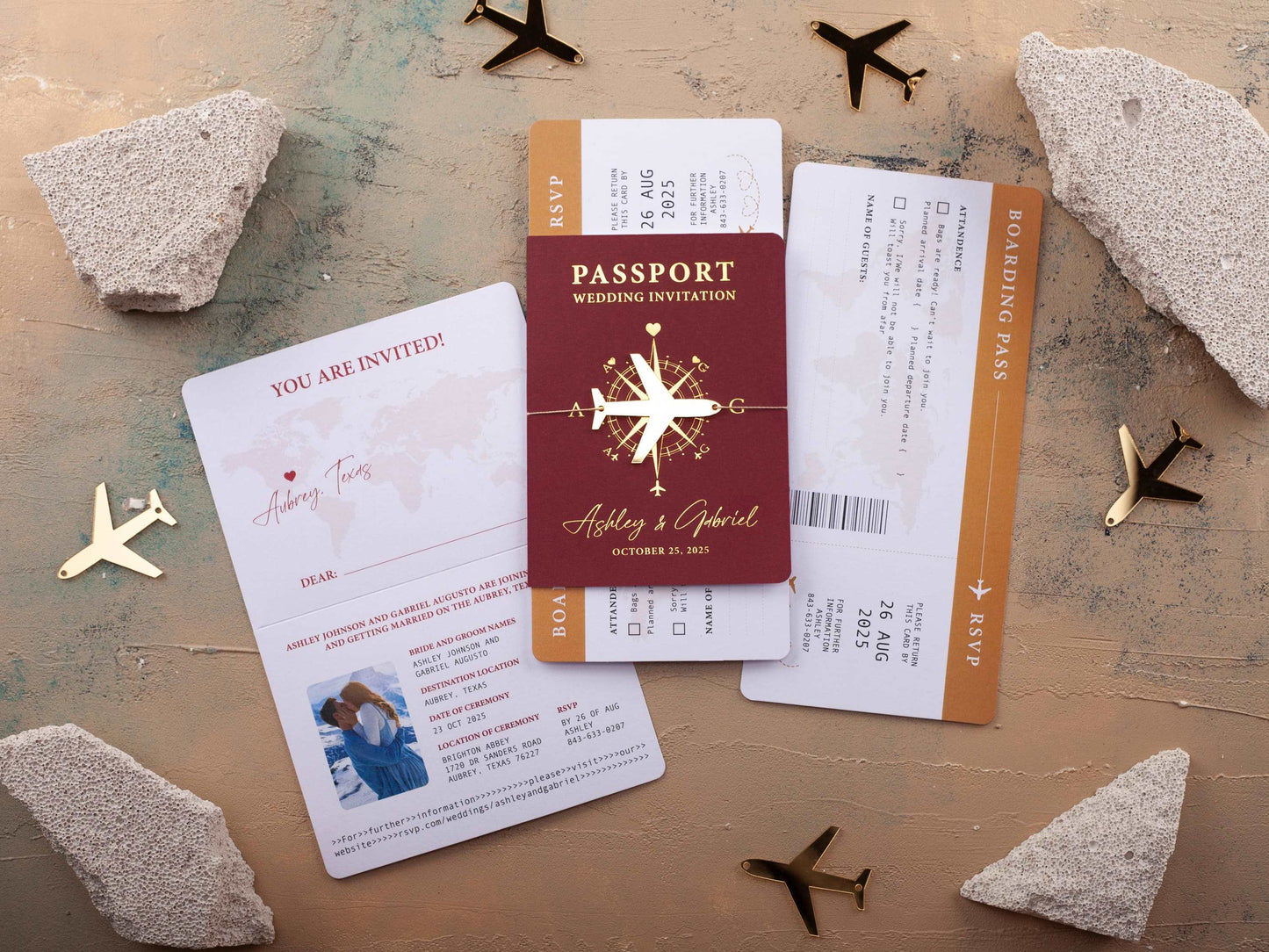 Luxury Passport Invitation in Burgundy with Gold Foil Accents