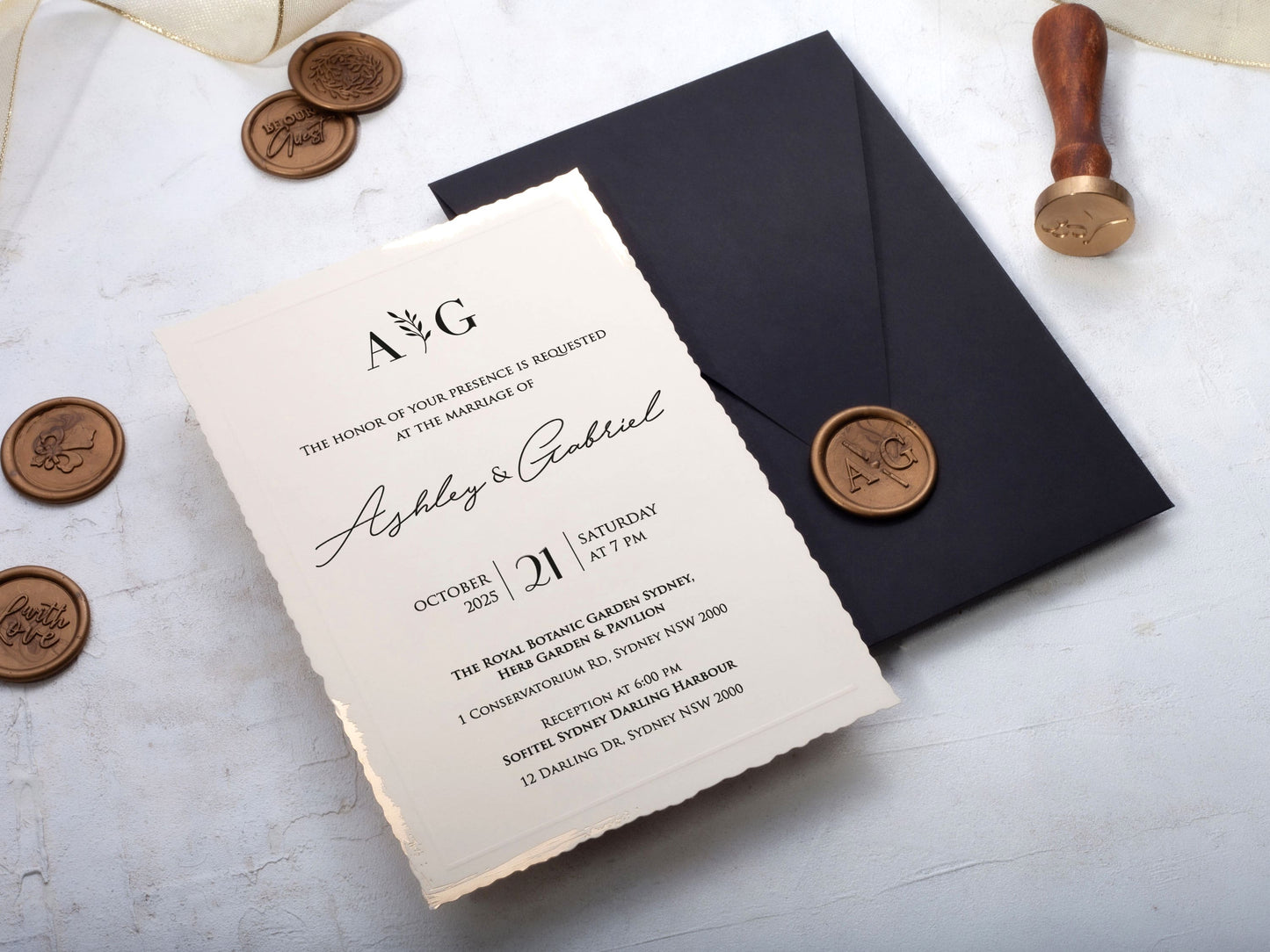 Minimal Deckled Edge Wedding Invite with Black Envelope - LA Invitations Co