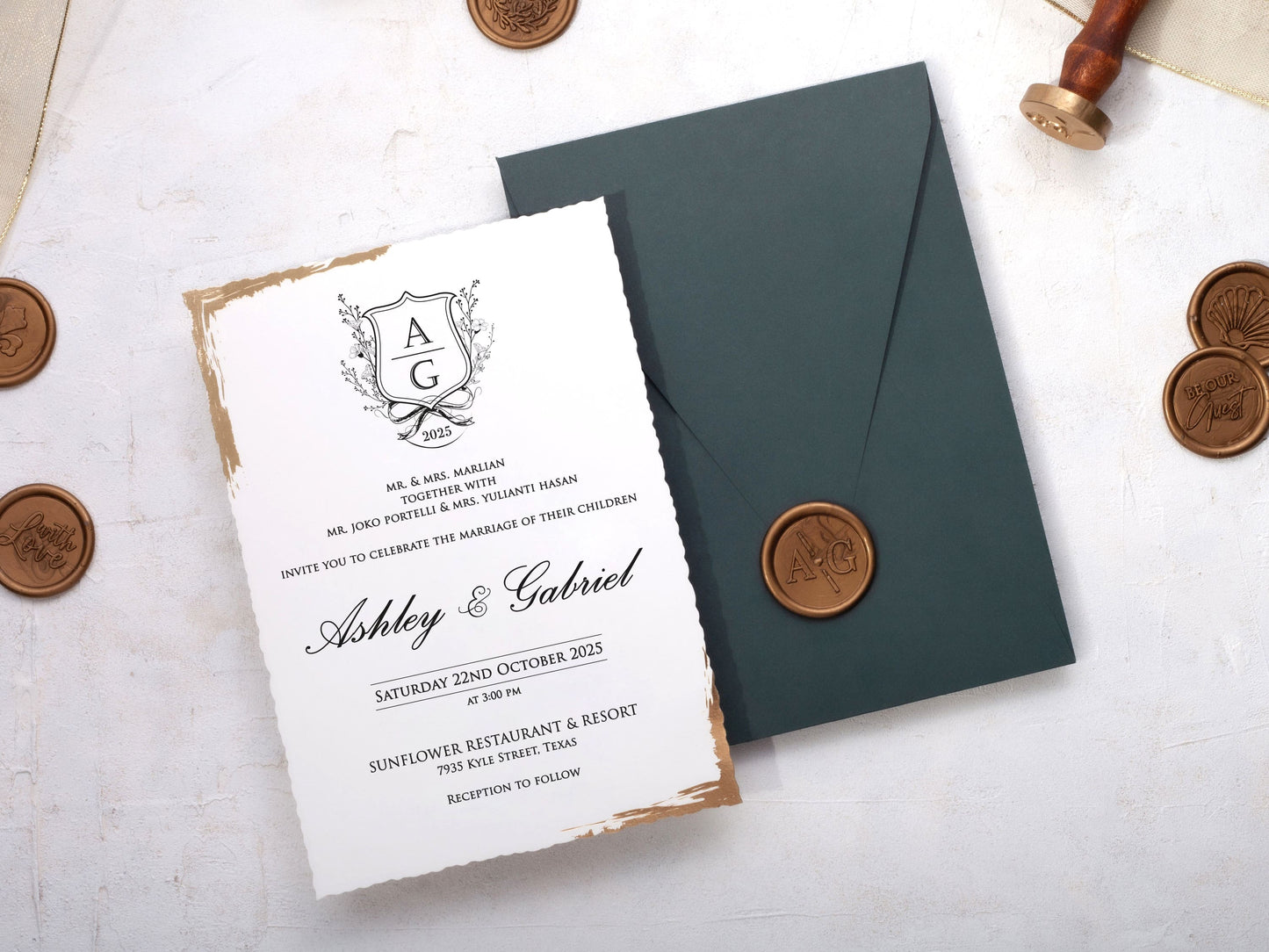 Elegant Deckled Edge Invite Paired with a Green Envelope - LA Invitations Co