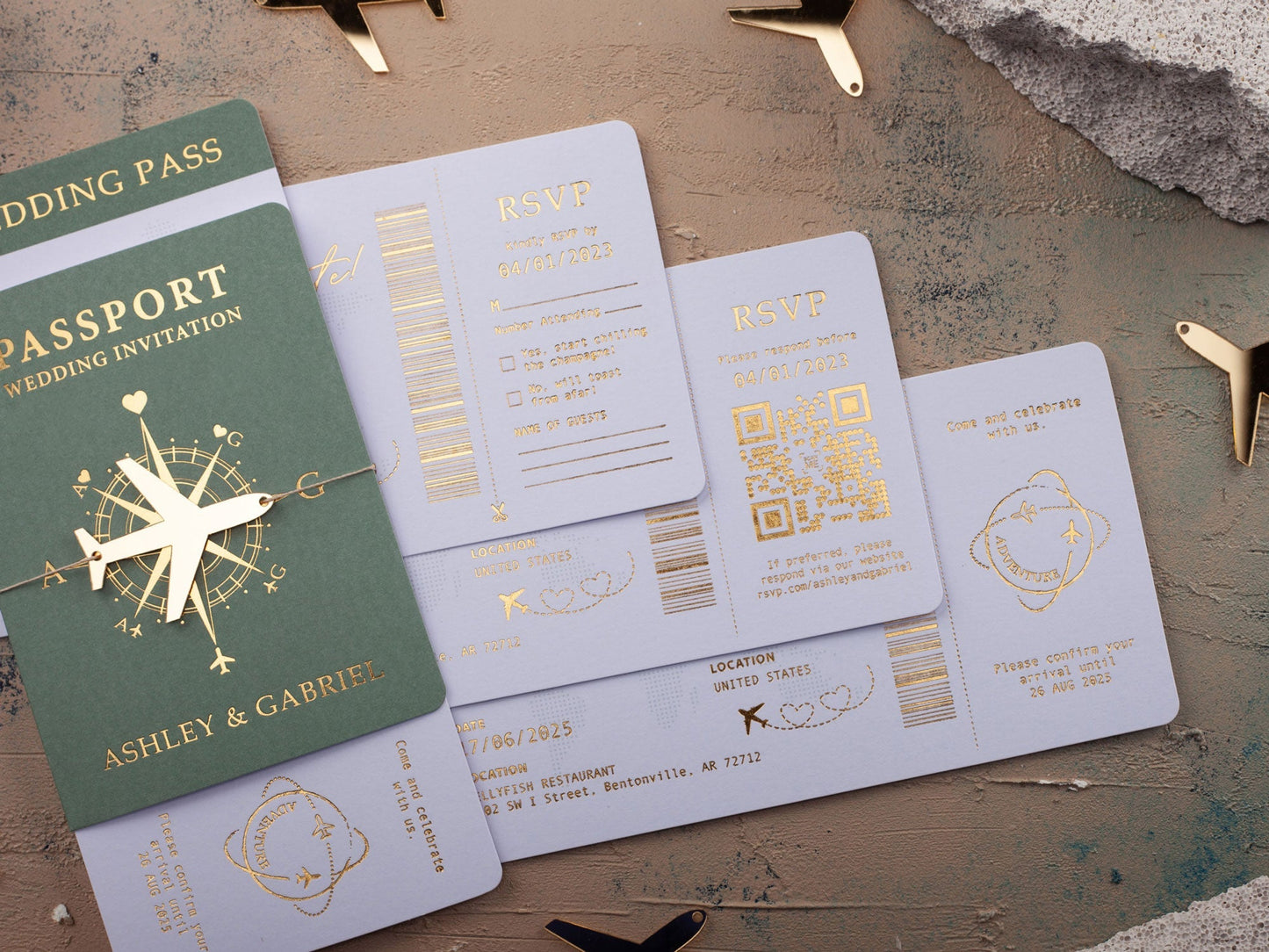 Sage Green Passport Wedding Invitation with Elegant Gold Lettering