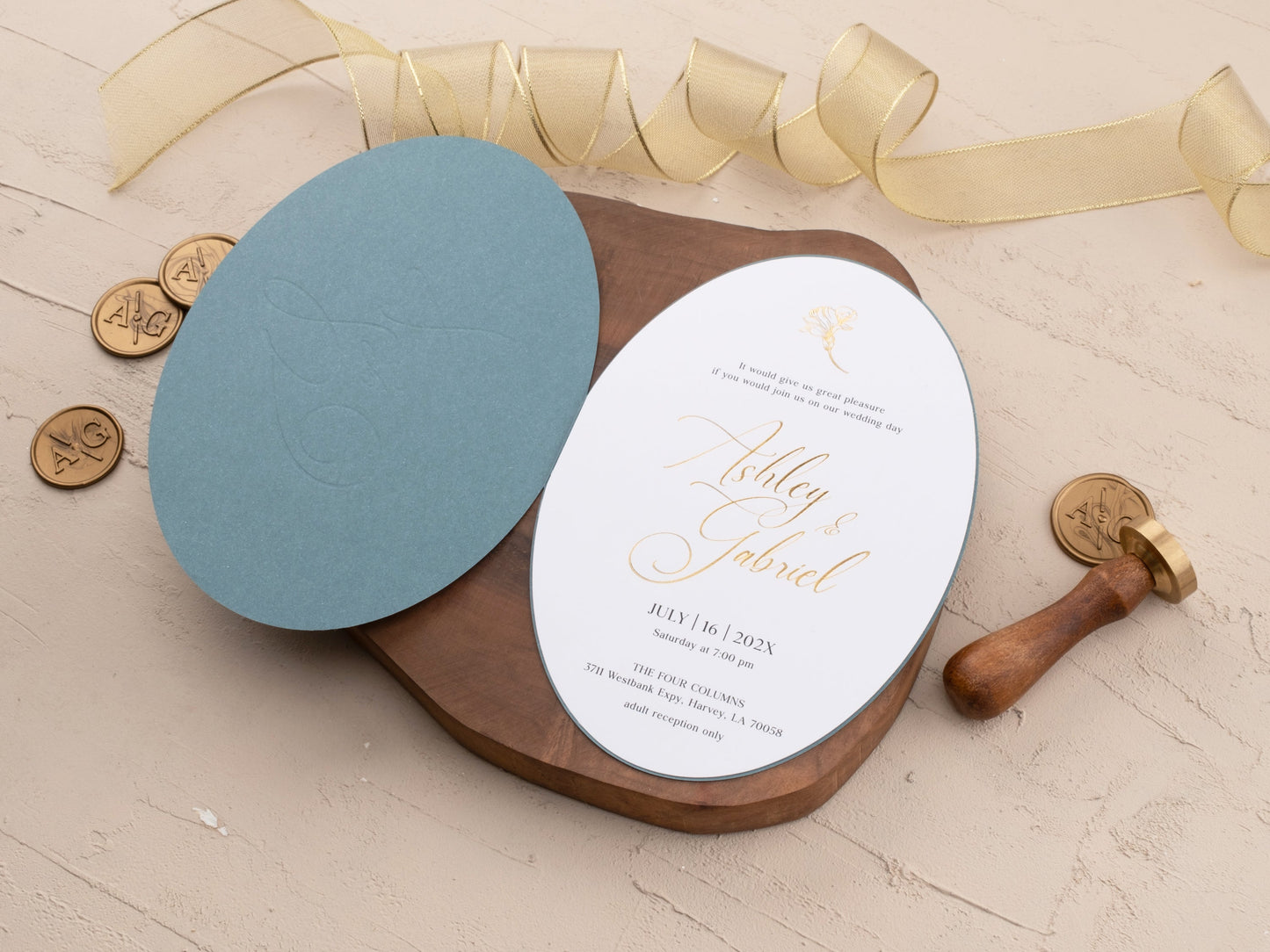 Elegant Dusty Blue Invite with Gold Foil Floral Accents - LA Invitations Co