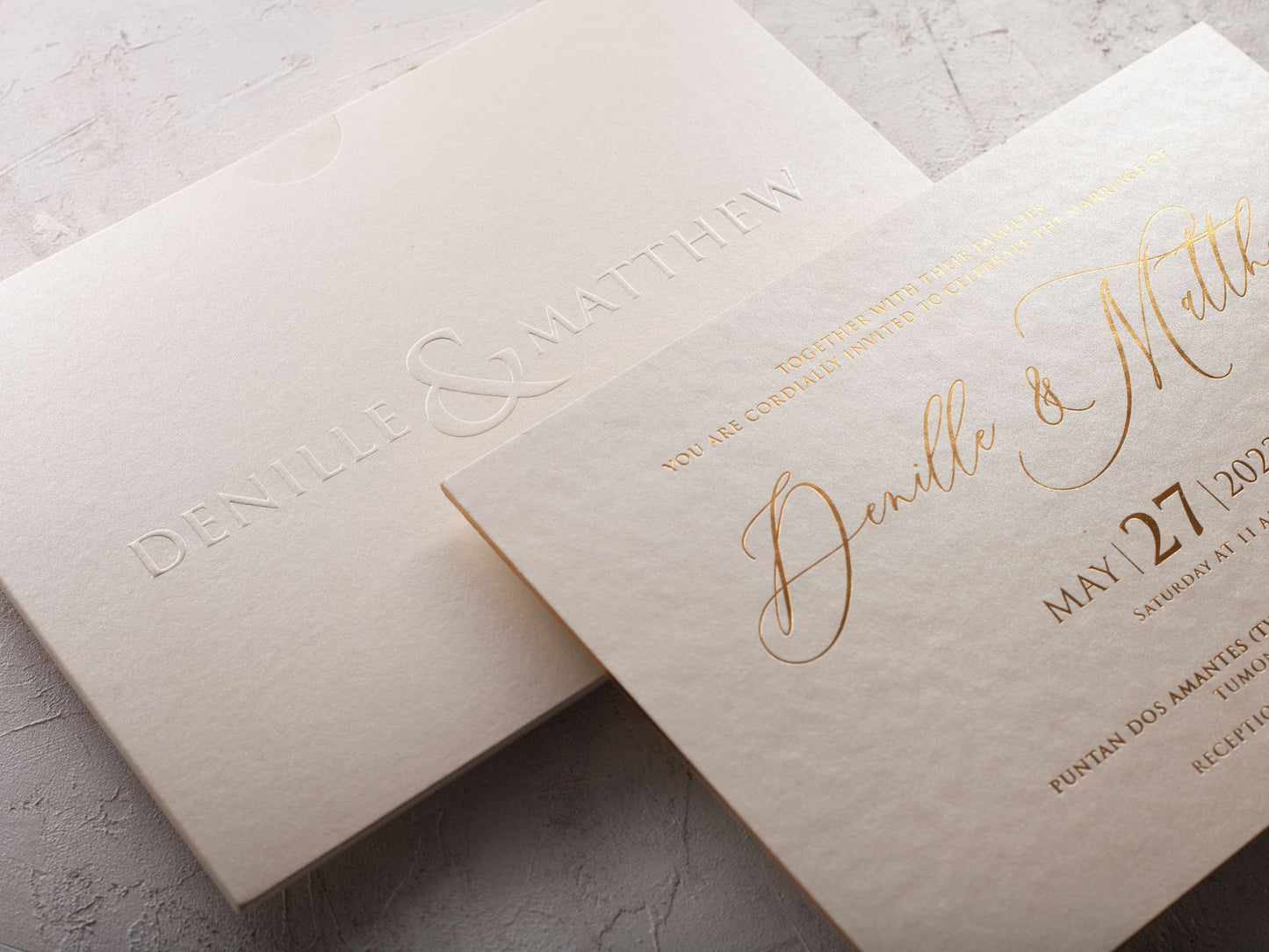 Luxury Ivory Embossed Wedding Invitation with Gold Foil