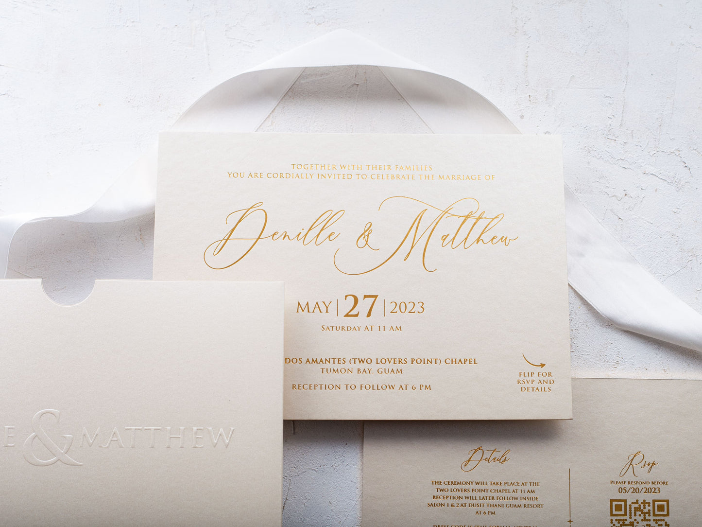 Luxury Ivory Embossed Wedding Invitation with Gold Foil