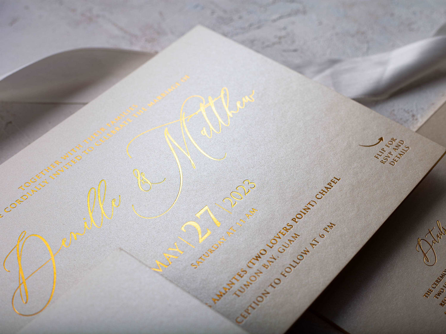 Luxury Ivory Embossed Wedding Invitation with Gold Foil