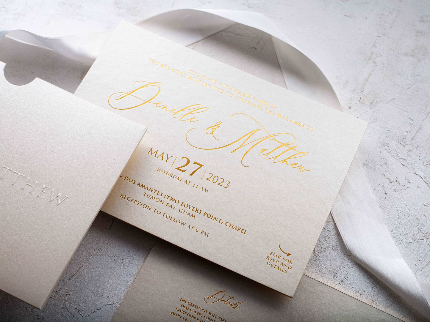 Luxury Ivory Embossed Wedding Invitation with Gold Foil - LA Invitations Co