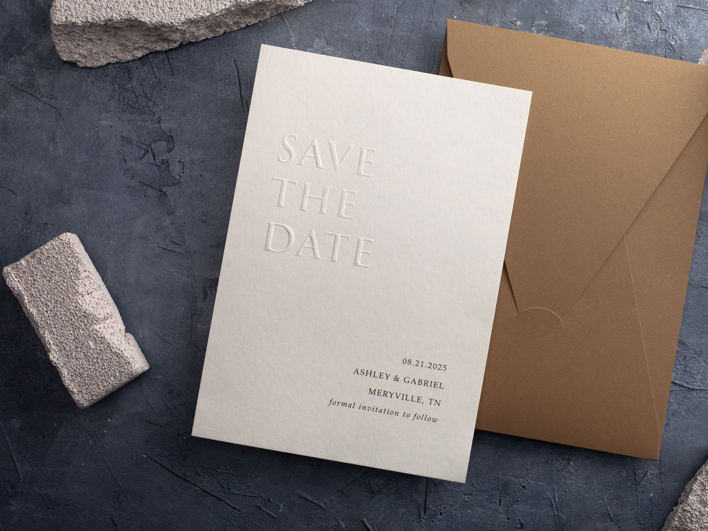 Minimal Save the Date Featuring Embossed Design and Envelope