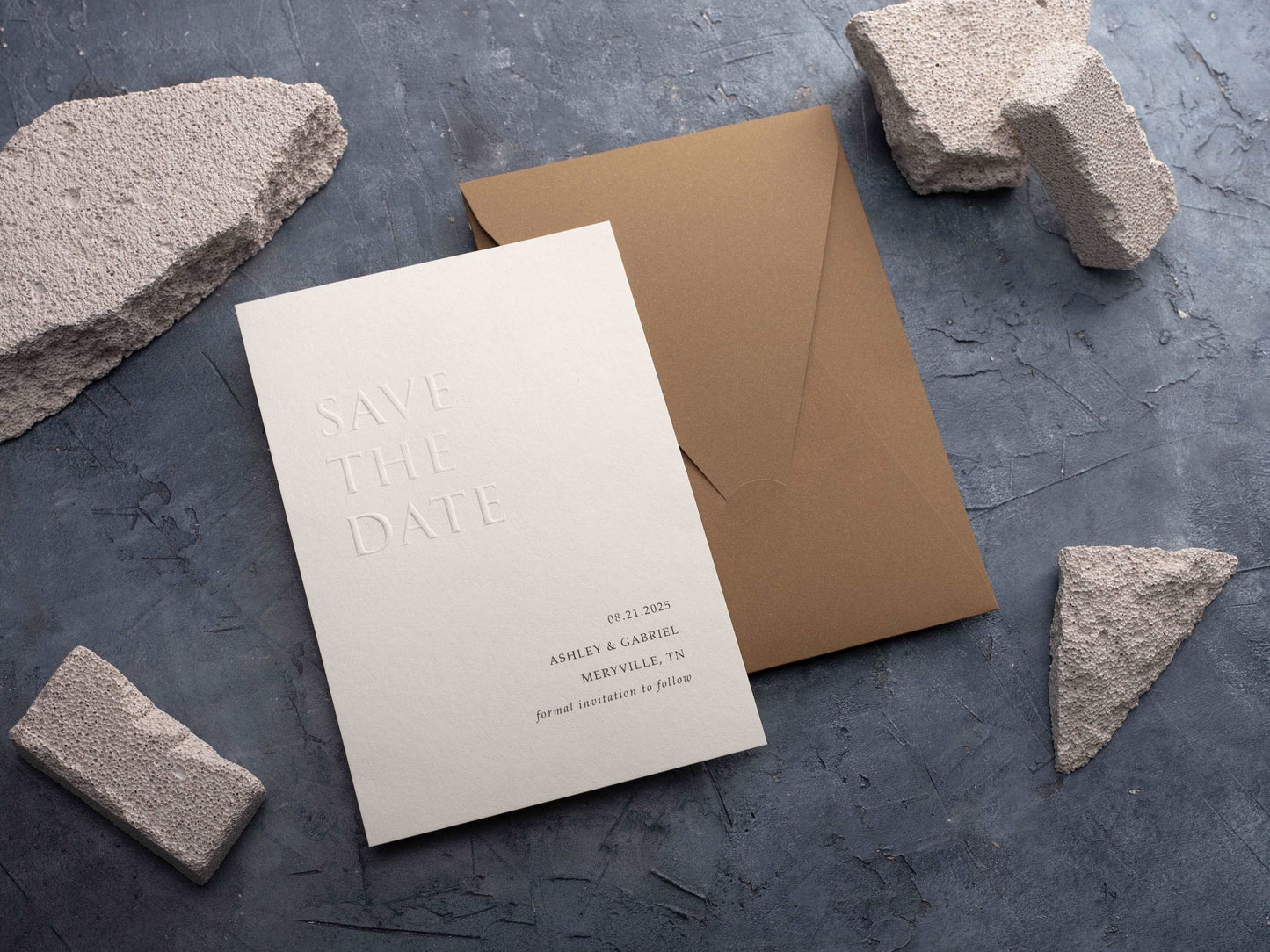 Minimal Save the Date Featuring Embossed Design and Envelope