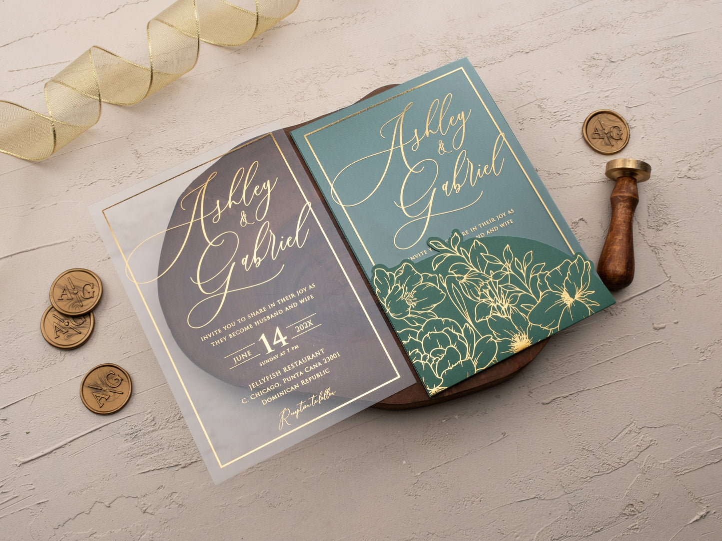 Luxury Acrylic Wedding Invitation with Emerald and Gold Florals