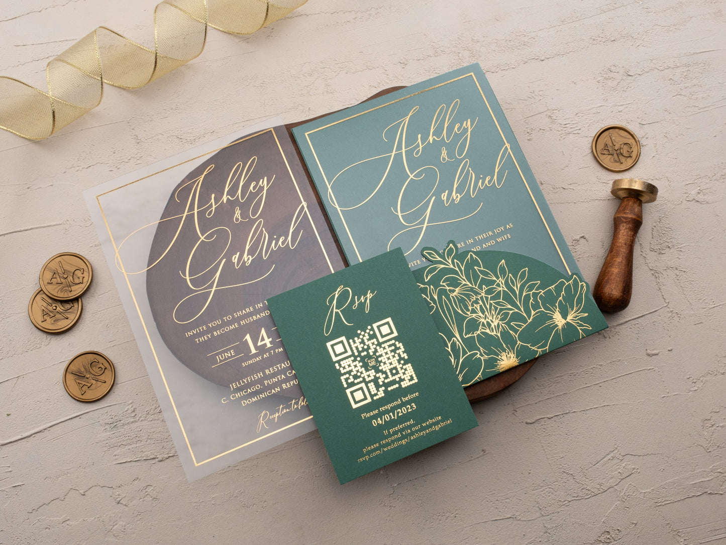 Luxury Acrylic Wedding Invitation with Emerald and Gold Florals