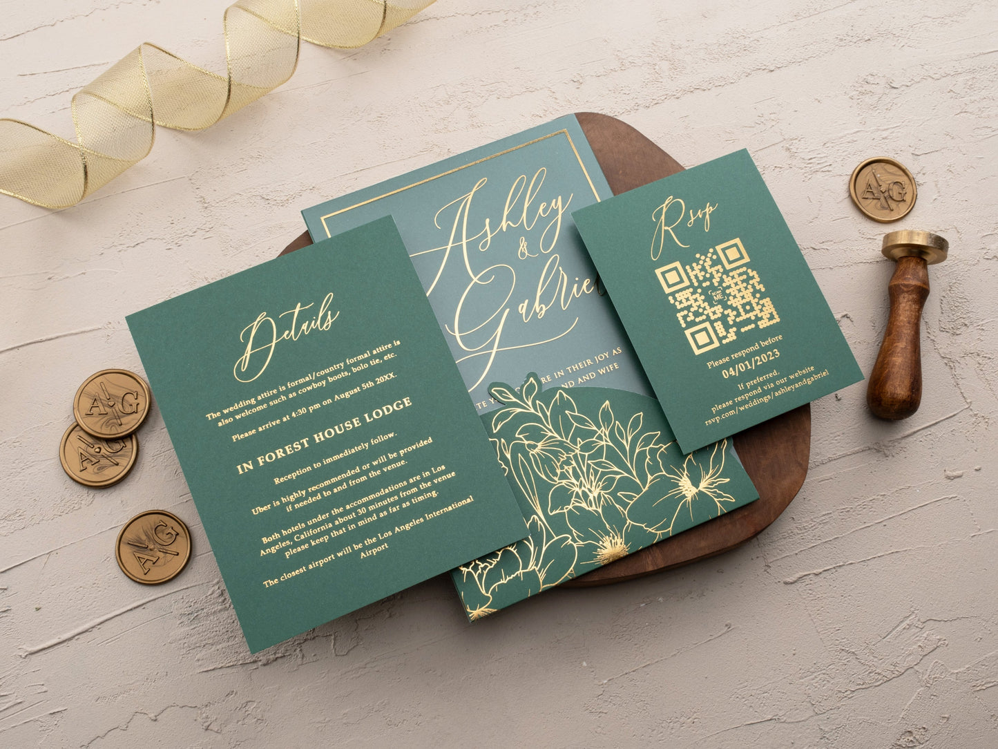 Luxury Acrylic Wedding Invitation with Emerald and Gold Florals