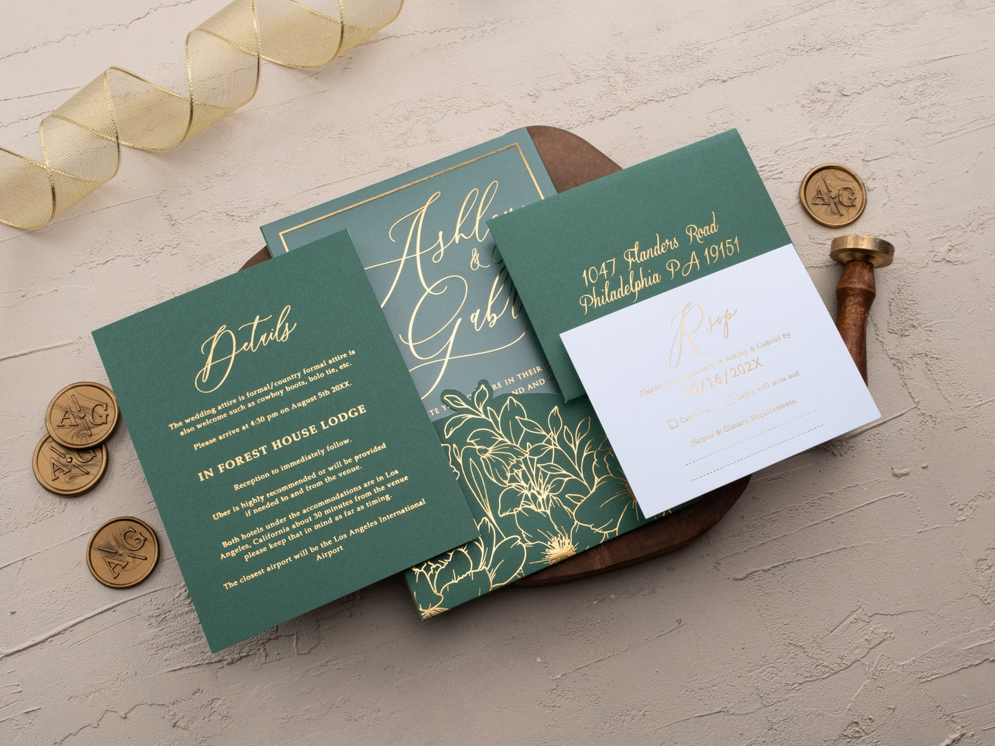 Luxury Acrylic Wedding Invitation with Emerald and Gold Florals