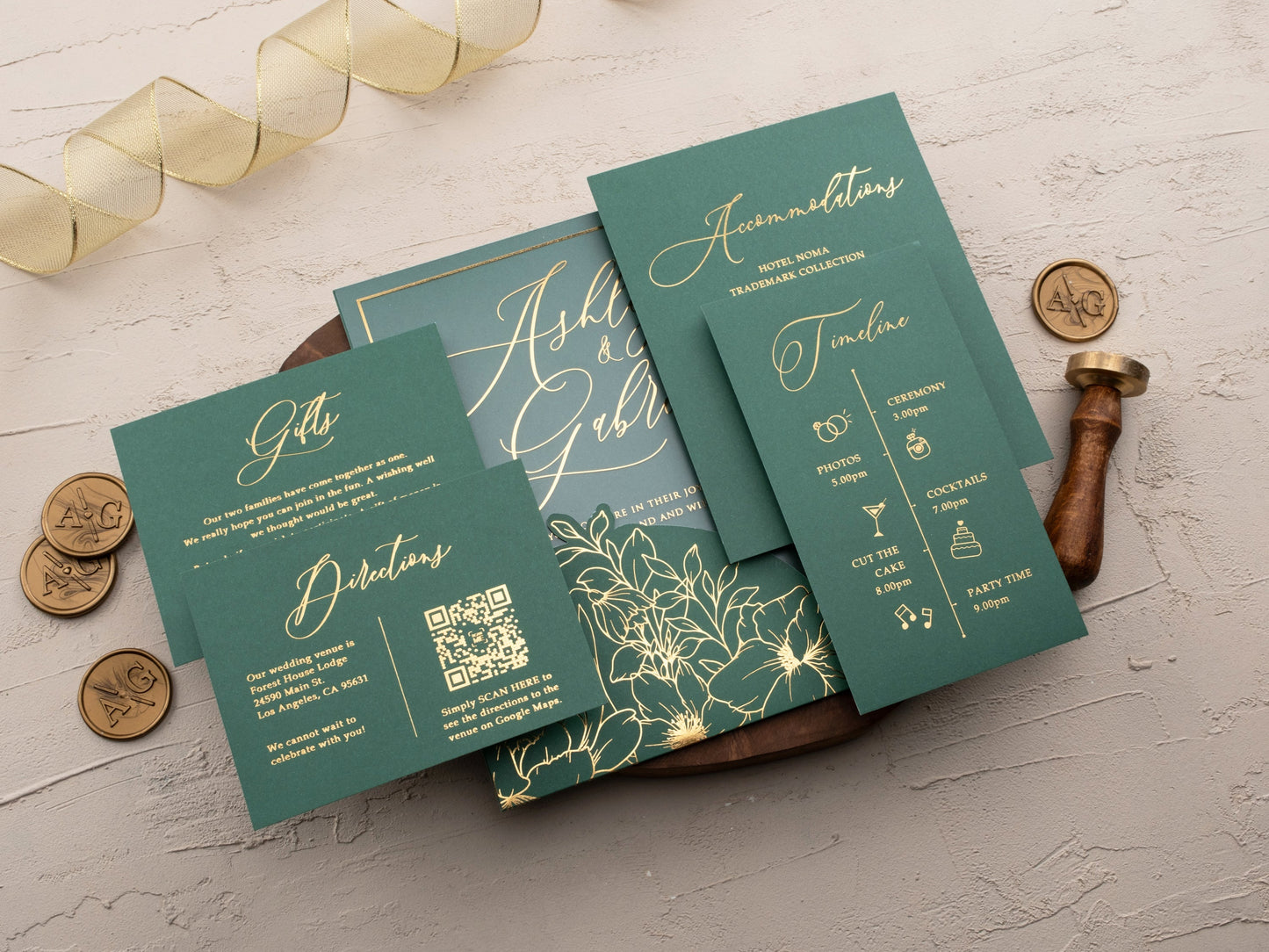 Luxury Acrylic Wedding Invitation with Emerald and Gold Florals