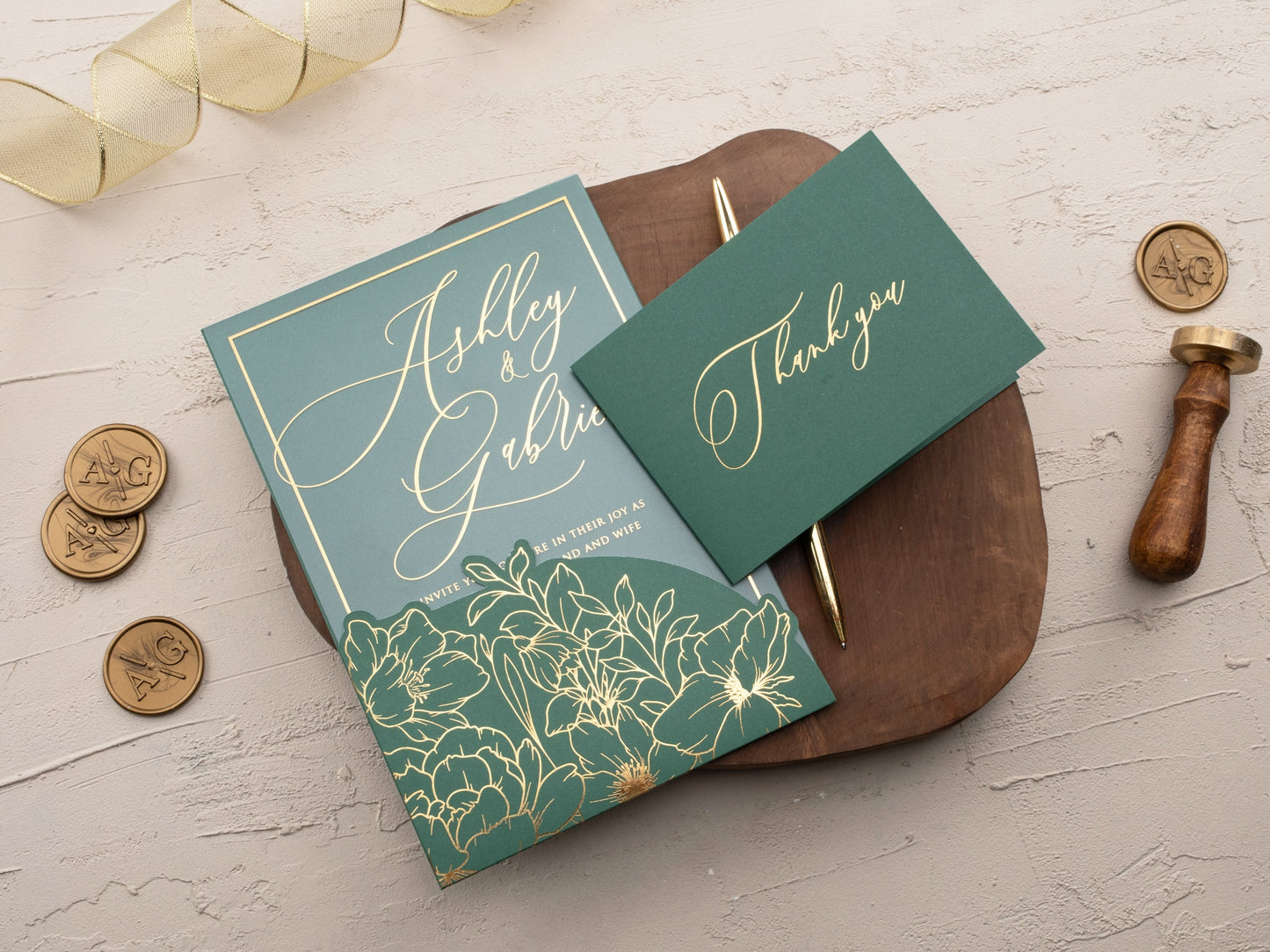 Luxury Acrylic Wedding Invitation with Emerald and Gold Florals
