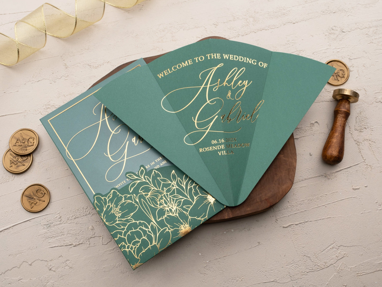 Luxury Acrylic Wedding Invitation with Emerald and Gold Florals - LA Invitations Co