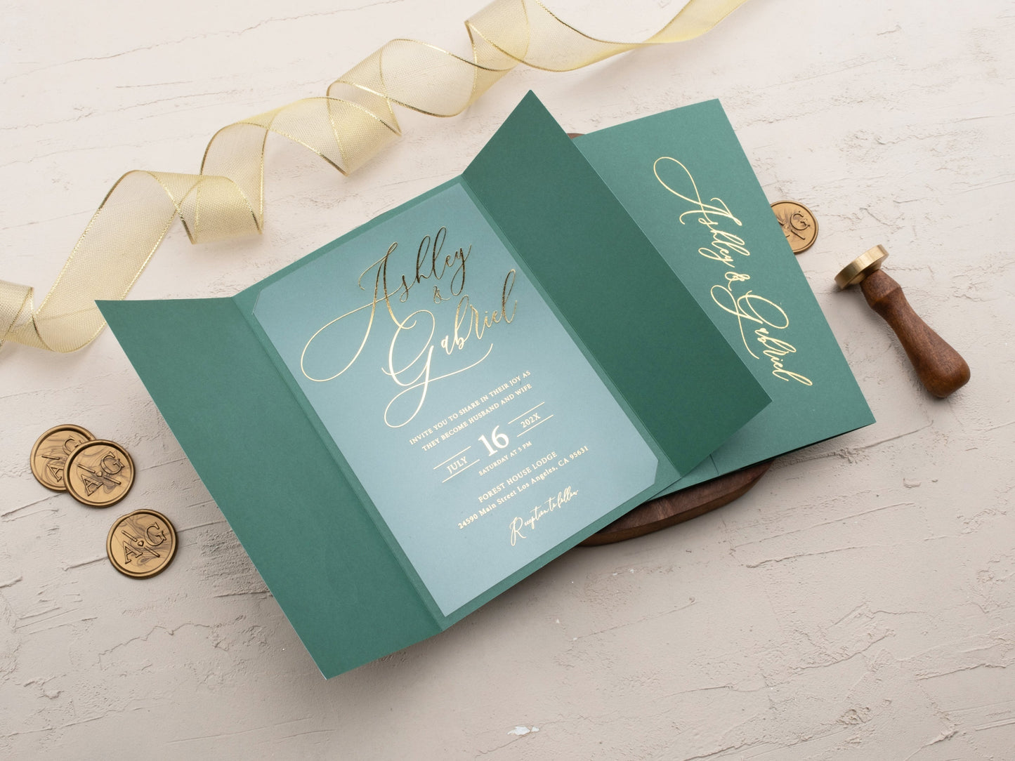 Sophisticated Acrylic Invitation with Gold Foil and Emerald Fold Jacket - LA Invitations Co