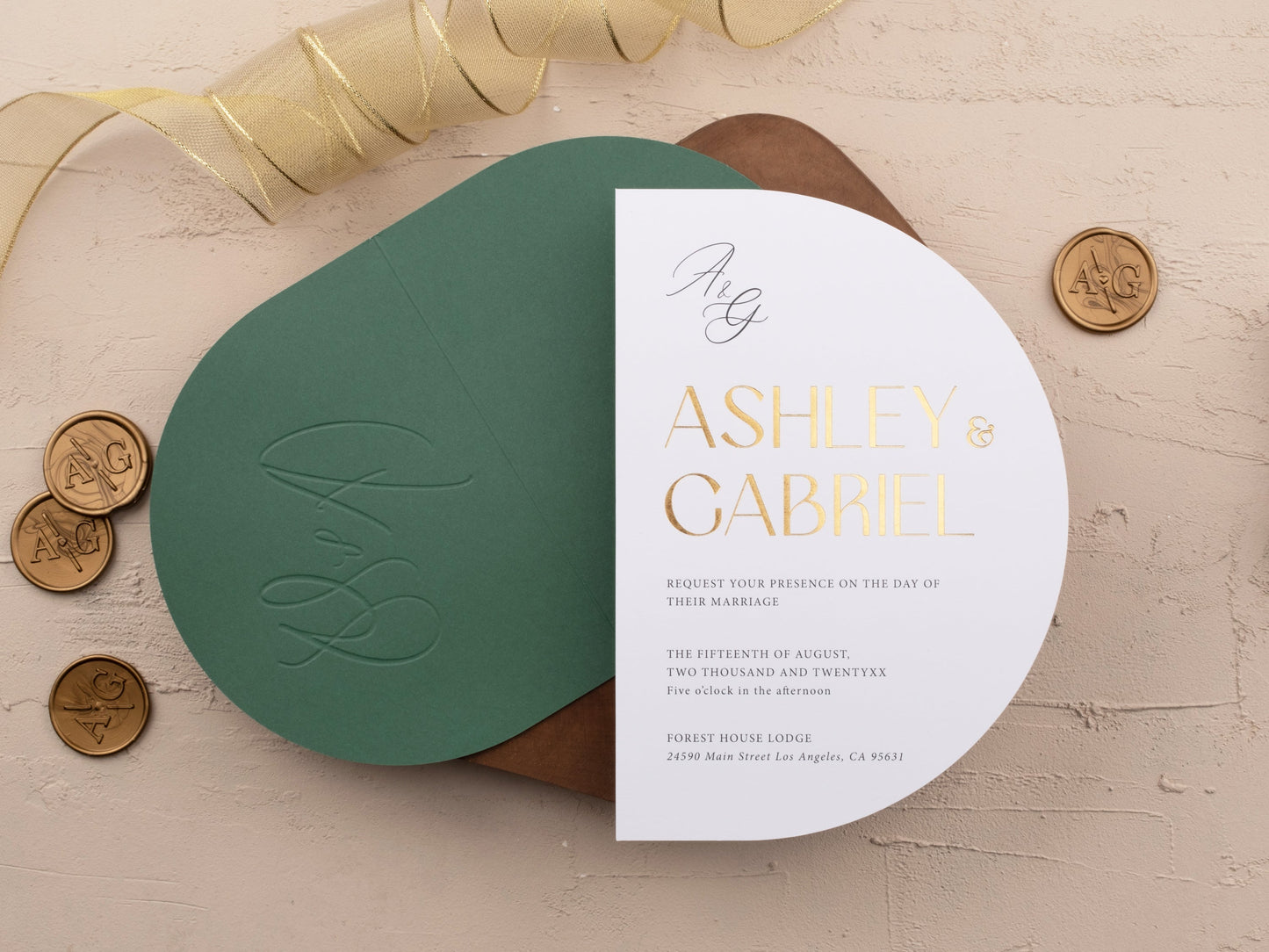 Gold Foil Wedding Invitation in Emerald with Embossed Lettering - LA Invitations Co