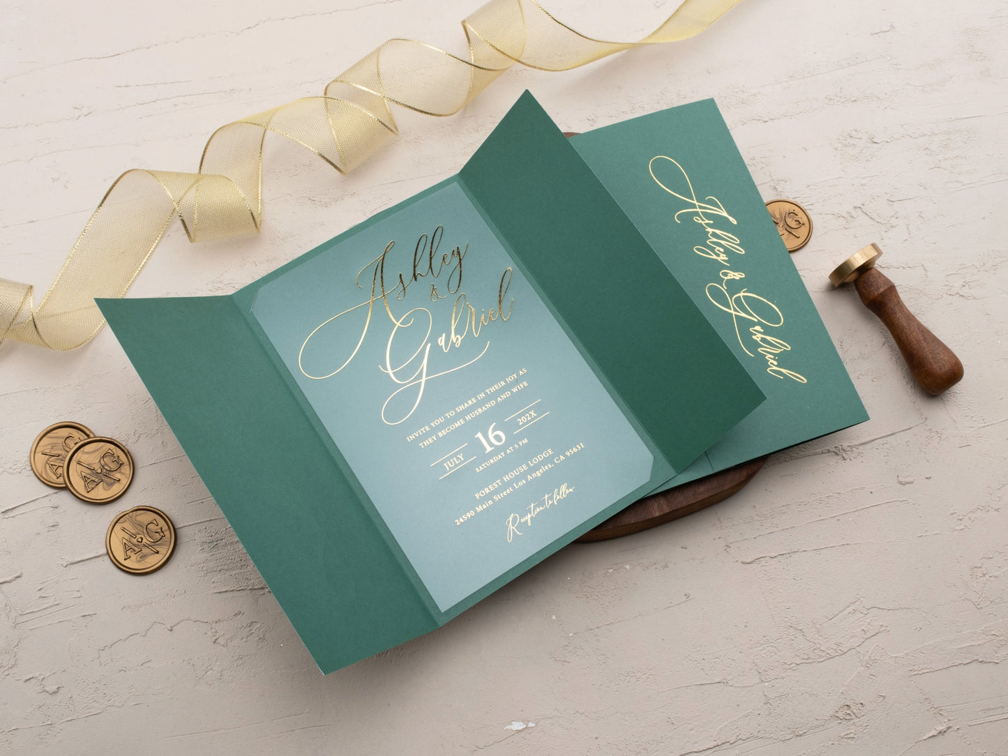 Elegant Acrylic Wedding Invitation – Trifold Design in Emerald Green with Gold Accents