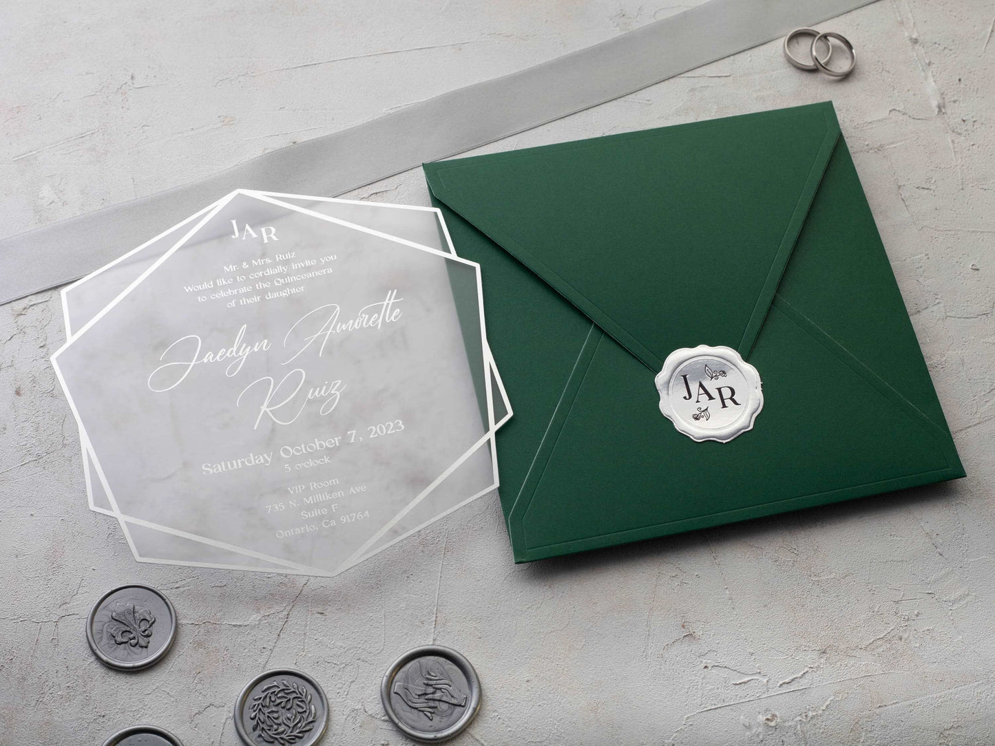 Acrylic Quinceañera Invitation with Emerald Green Envelope