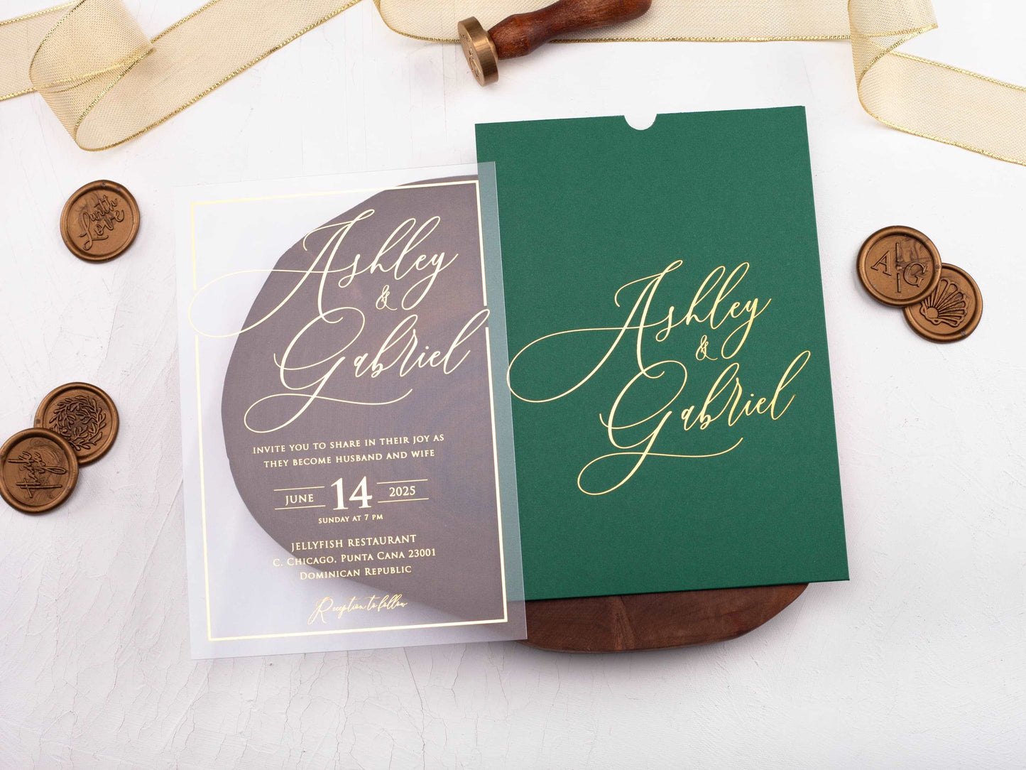 Acrylic Wedding Invitation with Gold Foil and Emerald Green Envelope