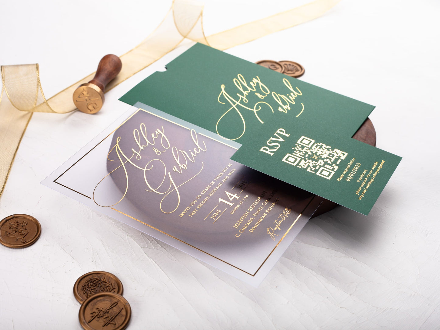 Acrylic Wedding Invitation with Gold Foil and Emerald Green Envelope
