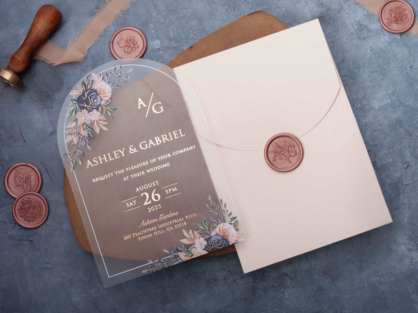Modern Floral Acrylic Invitation with a Pink Envelope