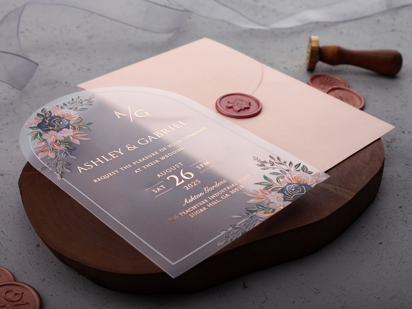 Modern Floral Acrylic Invitation with a Pink Envelope - LA Invitations Co