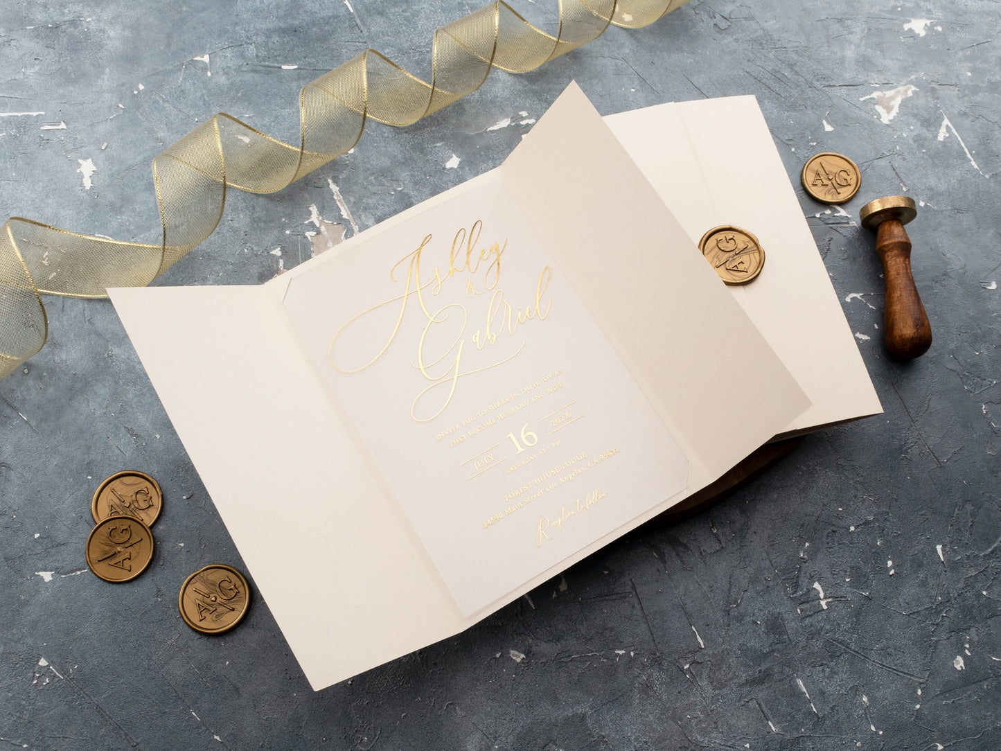 Elegant Acrylic Wedding Invite with Gold Foil and Ivory Jacket - LA Invitations Co
