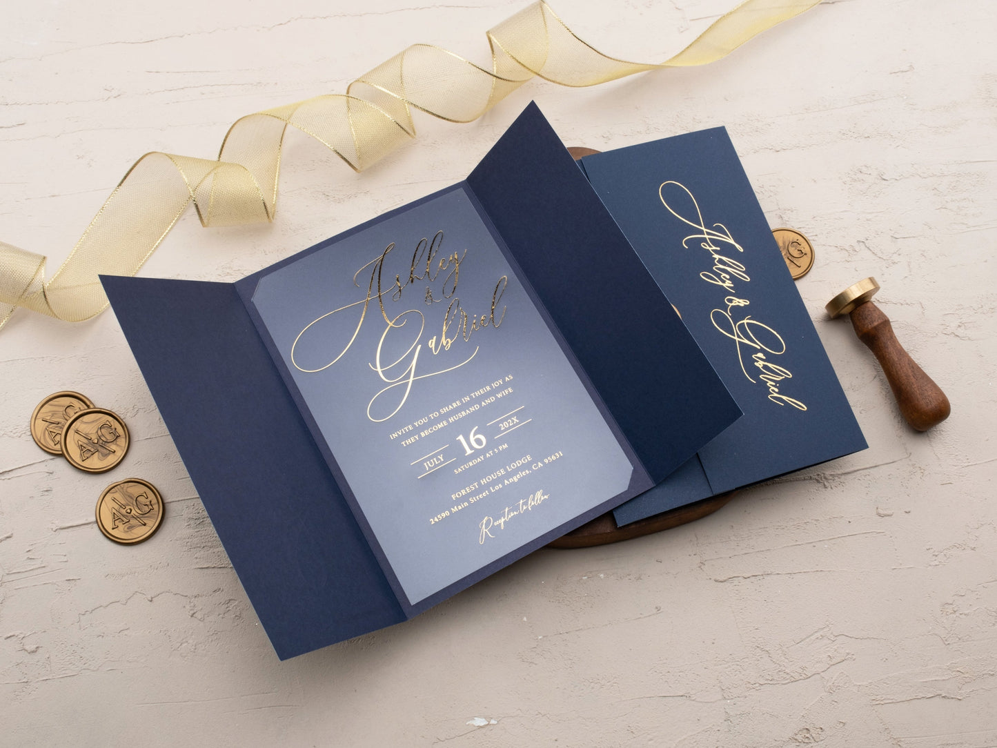 Chic Navy Gatefold Acrylic Invitation with Shimmering Gold Foil Details - LA Invitations Co