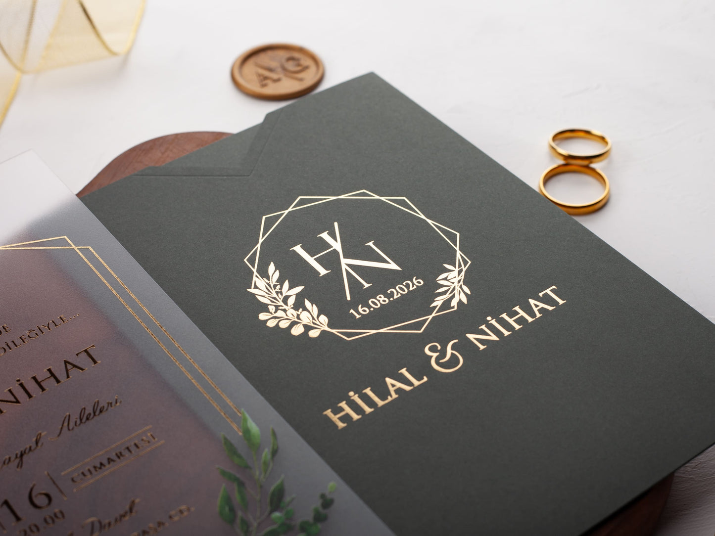 Sophisticated Acrylic Invitation with Greenery and Gold Foil Print - LA Invitations Co