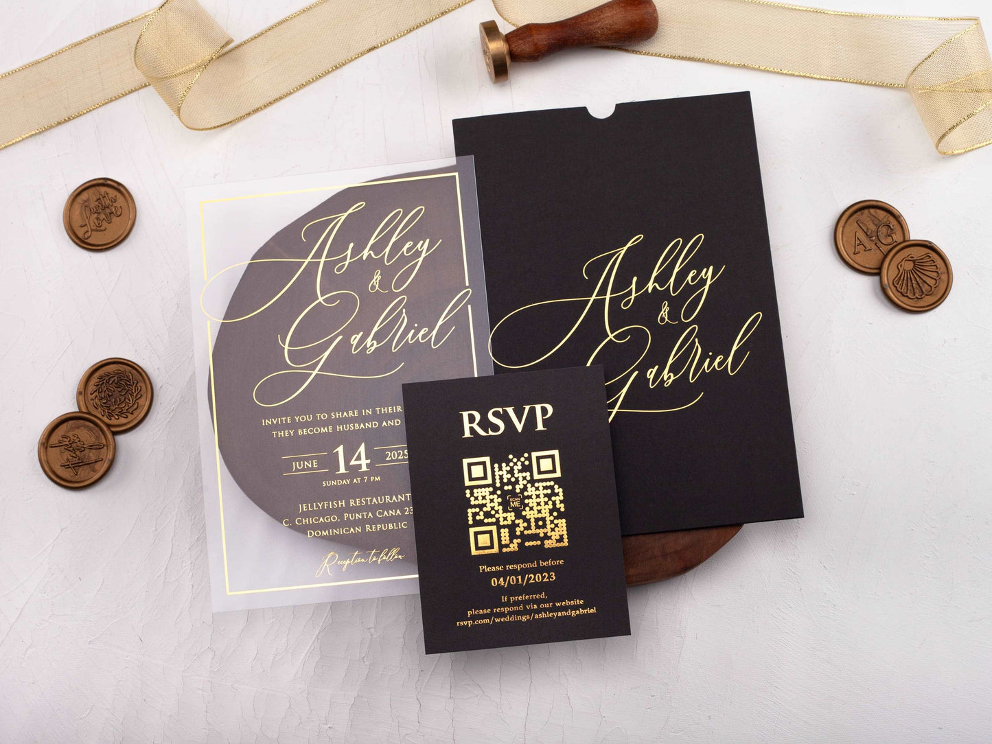 Acrylic Invitation with Black Sleeve Envelope and Gold Foil