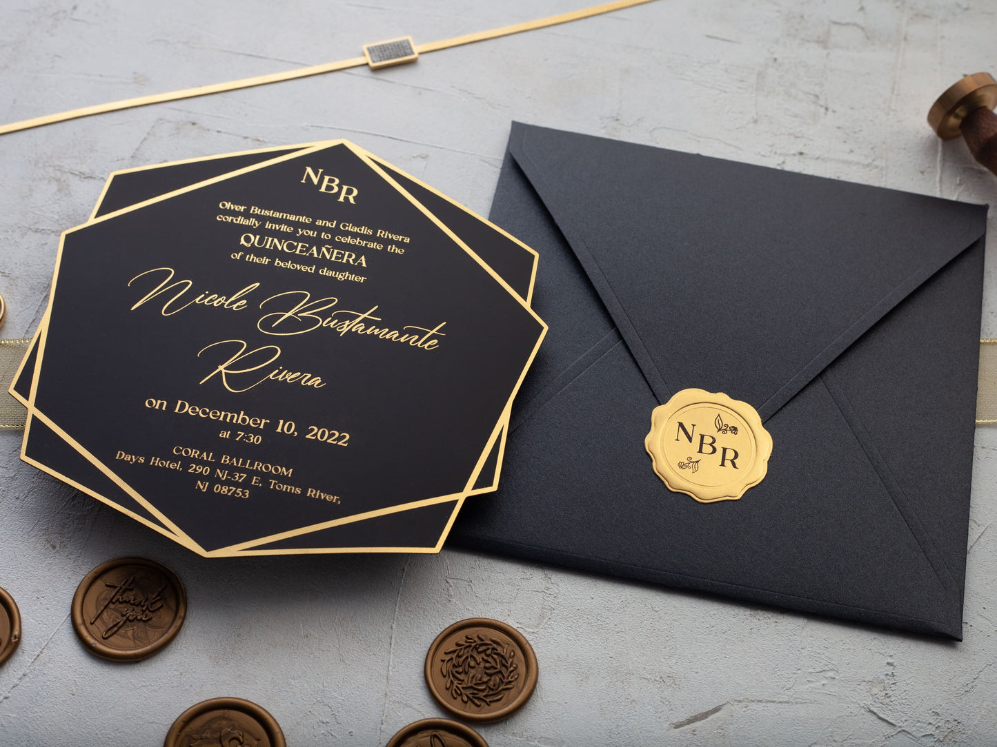 Elegant Black & Gold Quince Invitation Featuring Geometric Style - LA Invitations Co