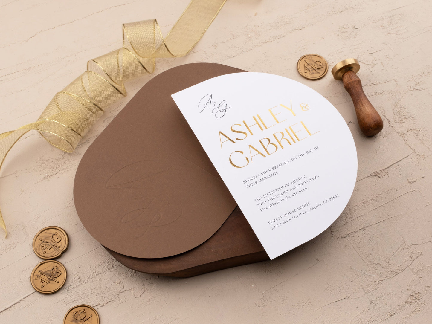 Sophisticated Gold Foil Invite Wrapped in Brown Jacket with Ribbon - LA Invitations Co