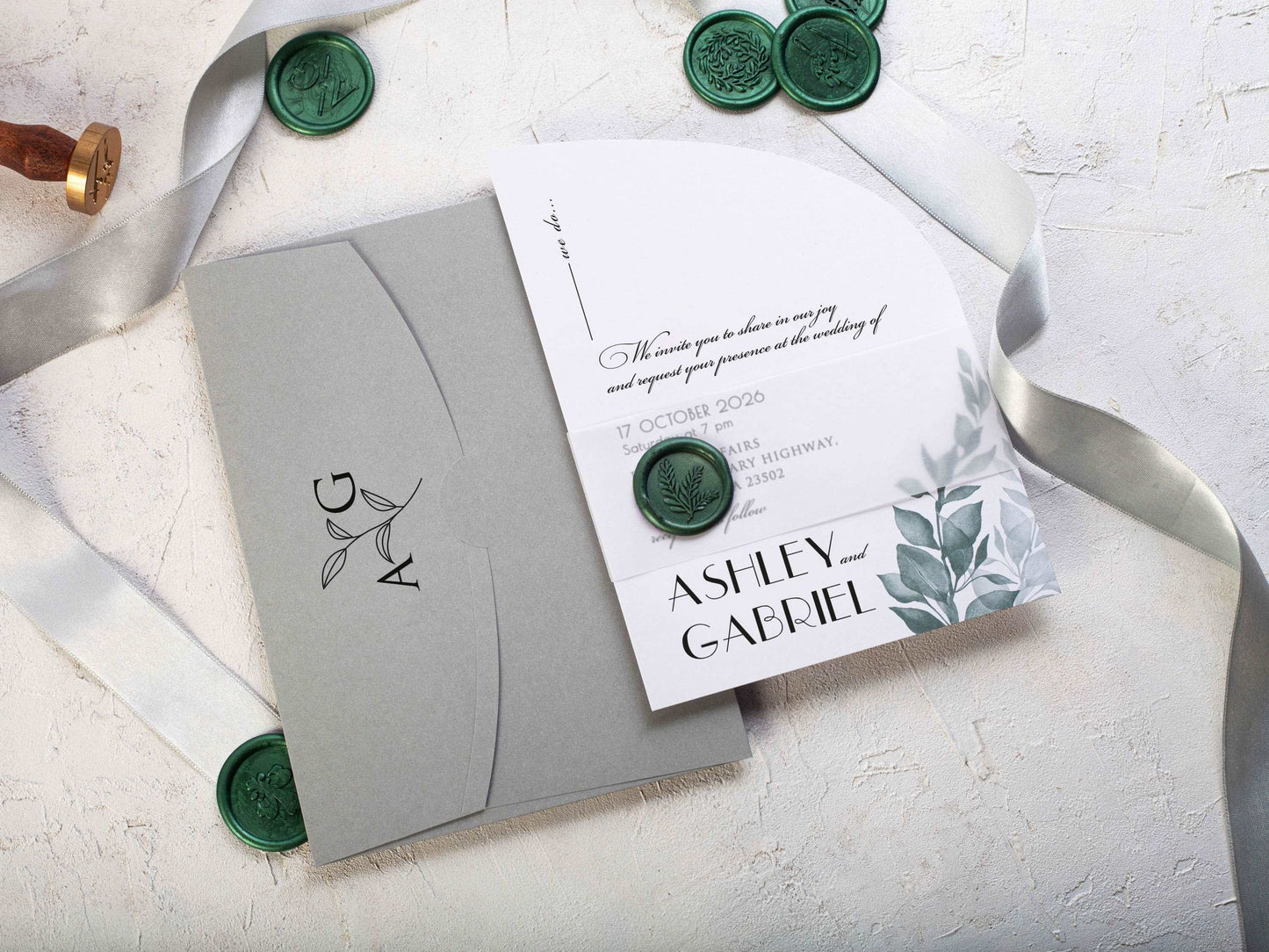 Half Arch Wedding Invite with Elegant Green Leaf Details
