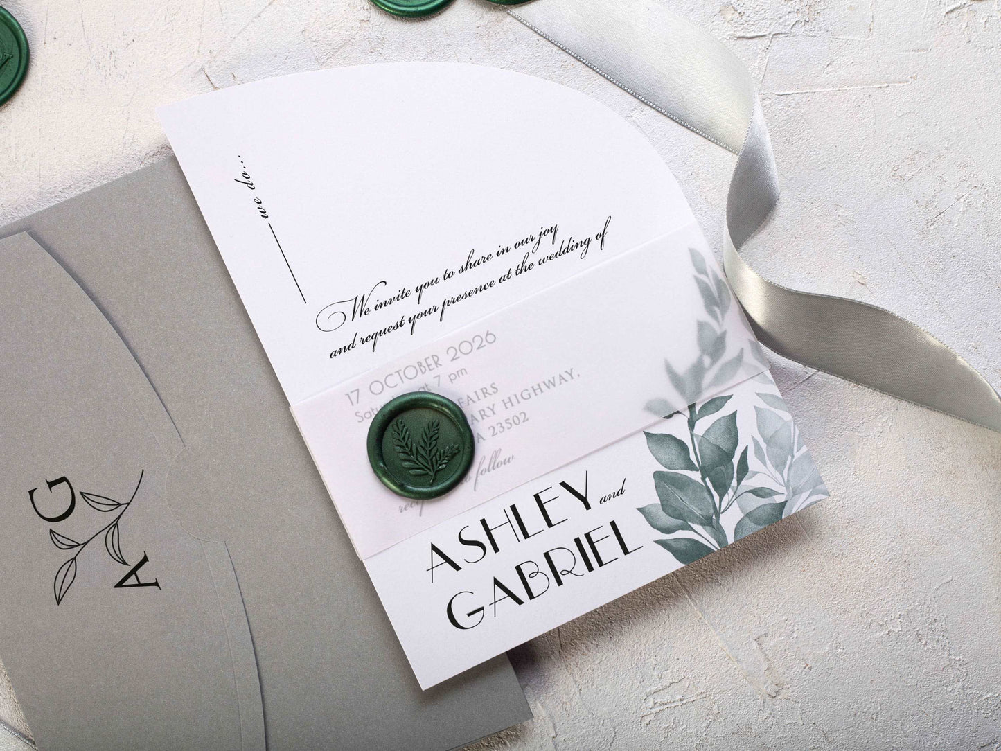 Half Arch Wedding Invite with Elegant Green Leaf Details
