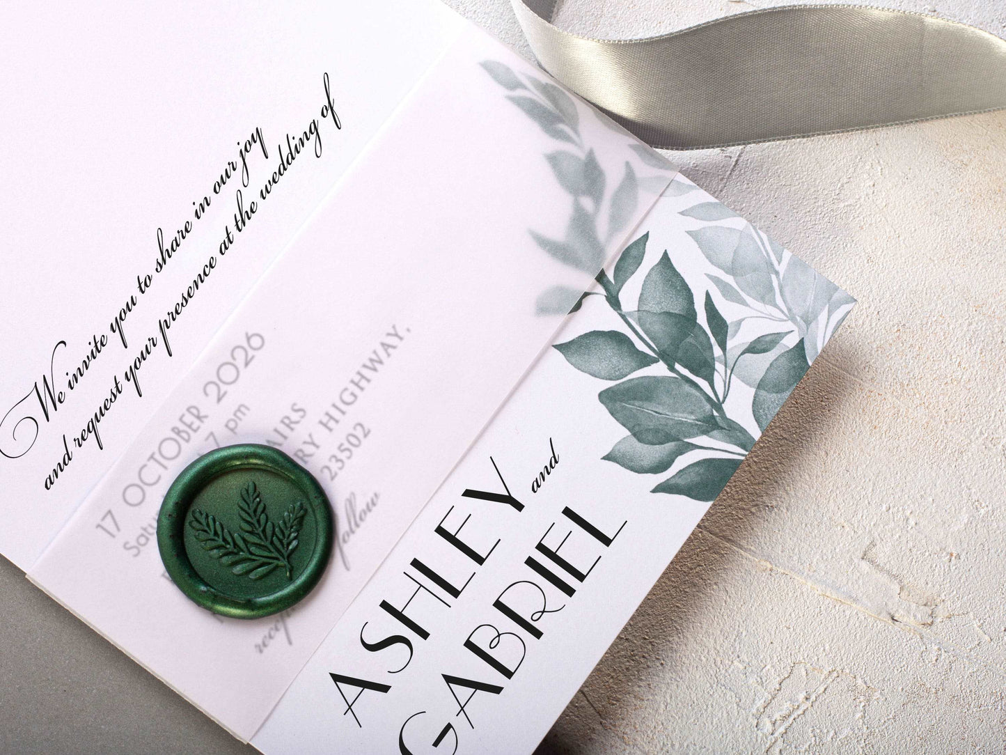 Half Arch Wedding Invite with Elegant Green Leaf Details - LA Invitations Co