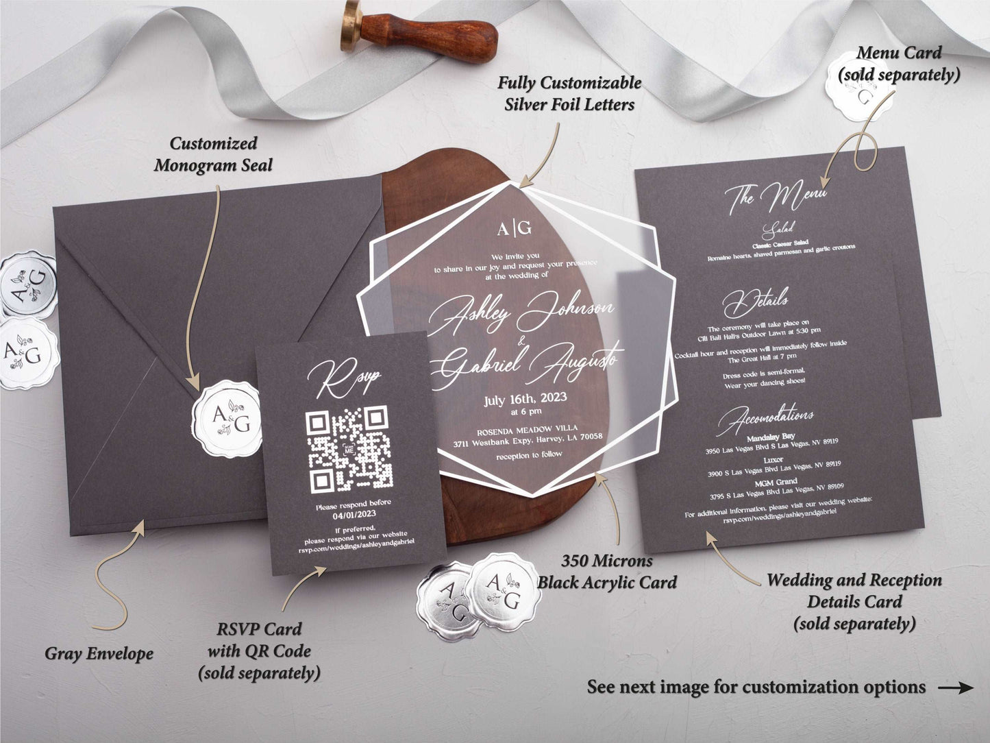 Acrylic Wedding Invitation with Silver Foil and Grey Envelope - LA Invitations Co