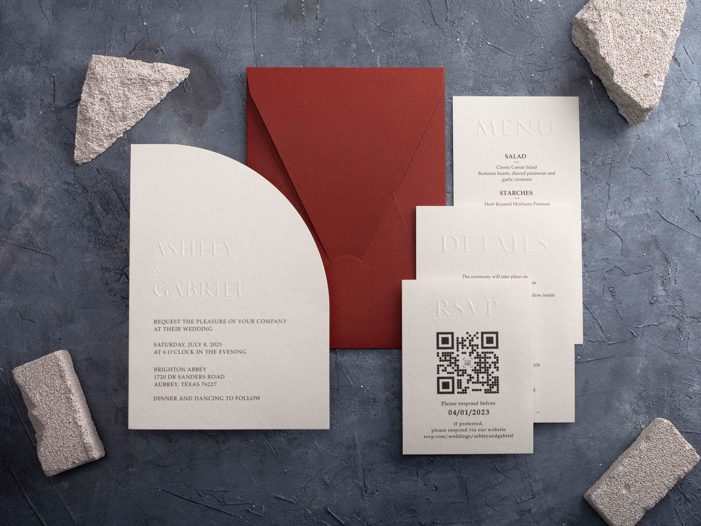 Embossed Wedding Invitation in Half Arch Shape with Warm Terracotta Envelope