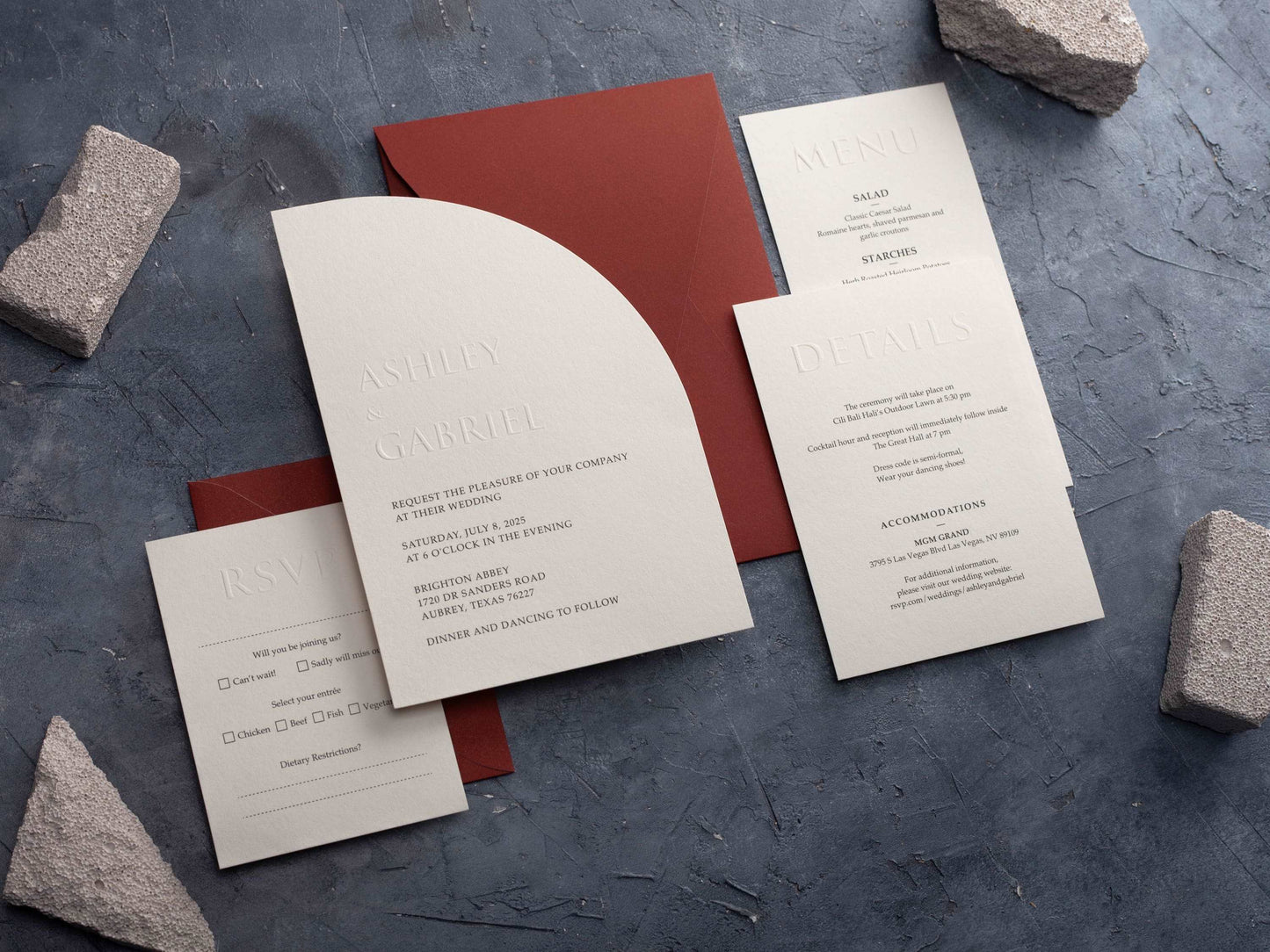 Embossed Wedding Invitation in Half Arch Shape with Warm Terracotta Envelope