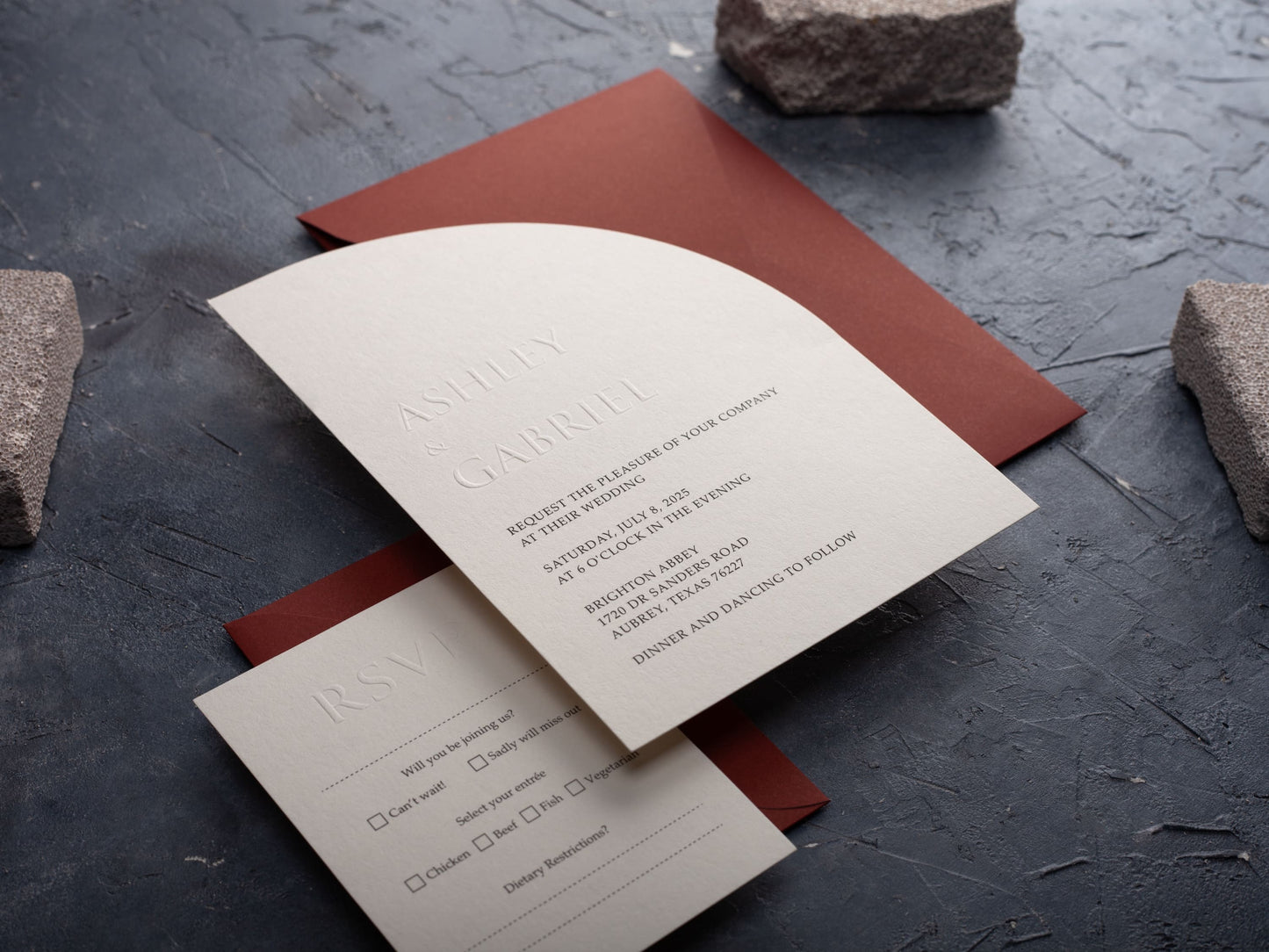 Embossed Wedding Invitation in Half Arch Shape with Warm Terracotta Envelope