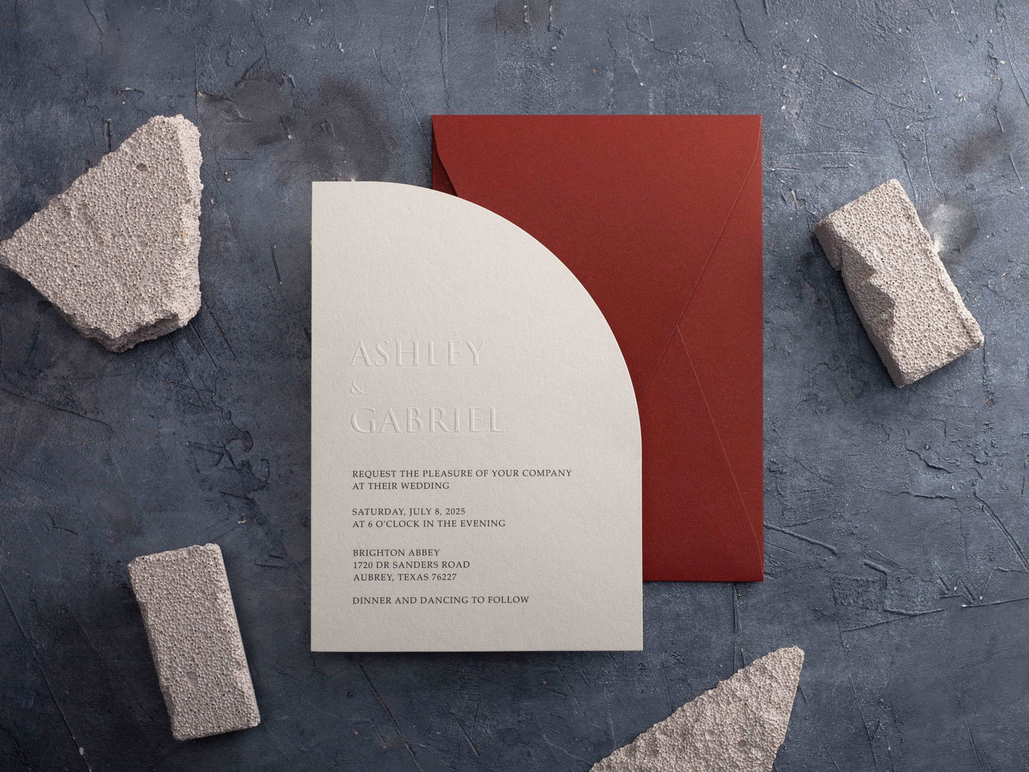 Embossed Wedding Invitation in Half Arch Shape with Warm Terracotta Envelope