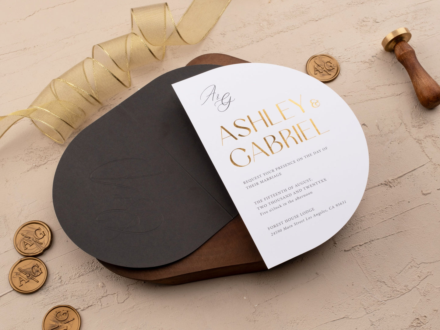 Elegant Half Circle Wedding Invite with Gold Foil and Black Jacket - LA Invitations Co